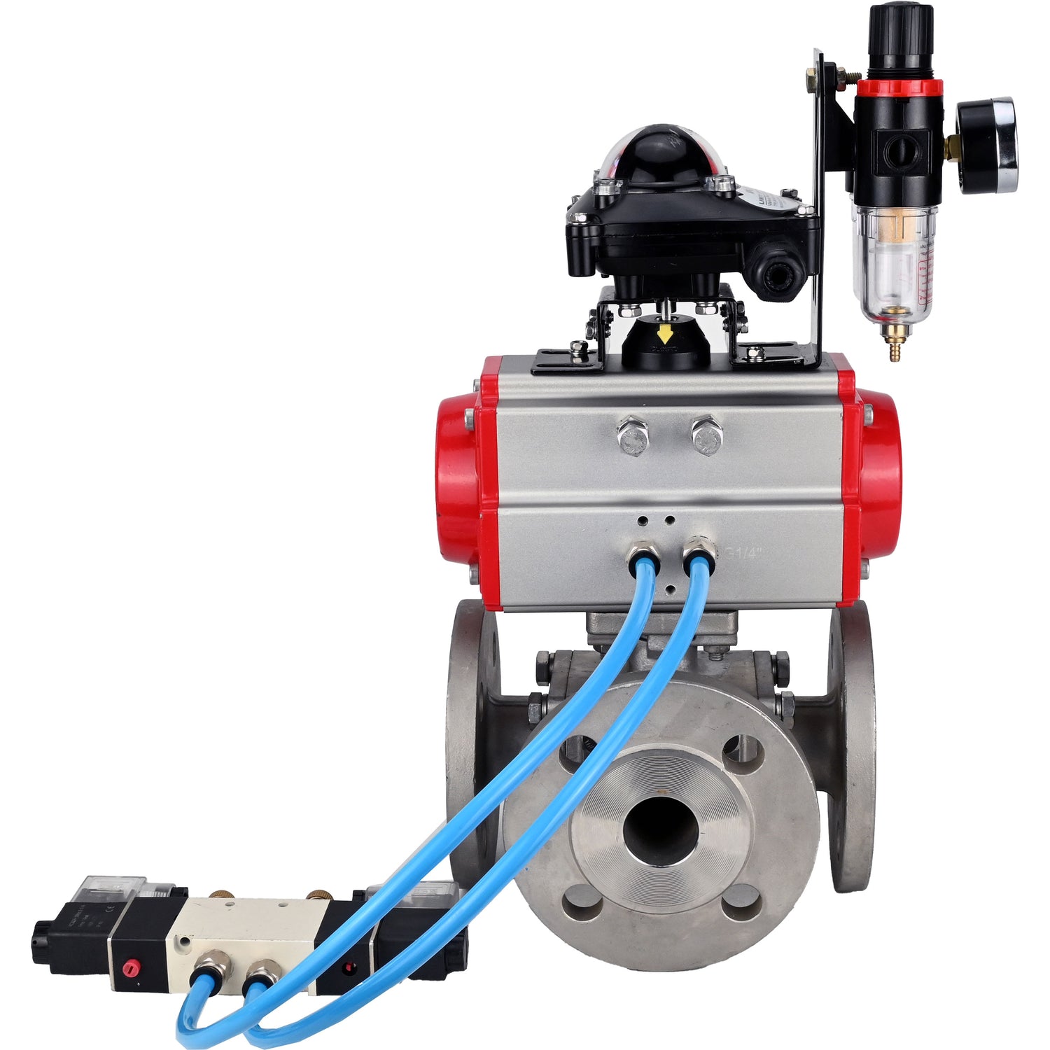 Ball valves Elephant BV3232P(4pc)-FP-3WL-F-ISO-H 16 bar full bore, flanged, body - stainless steel SS316, ISO flange F03/F04-F10/F12, square 9x9-19x19, with pneumatic drive PA-SA, pneumatic valve 4V320-8 220V, LSU APL-210N and ATU AFC200