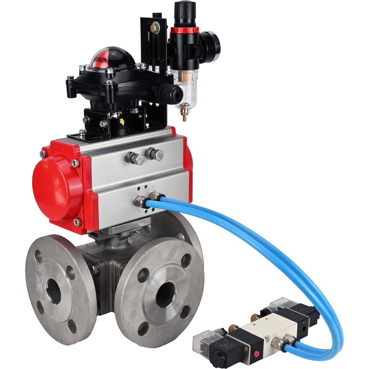 Ball valves Elephant BV3232P(4pc)-FP-3WL-F-ISO-H 16 bar full bore, flanged, body - stainless steel SS316, ISO flange F03/F04-F10/F12, square 9x9-19x19, with pneumatic drive PA-SA, pneumatic valve 4V320-8 220V, LSU APL-210N and ATU AFC200
