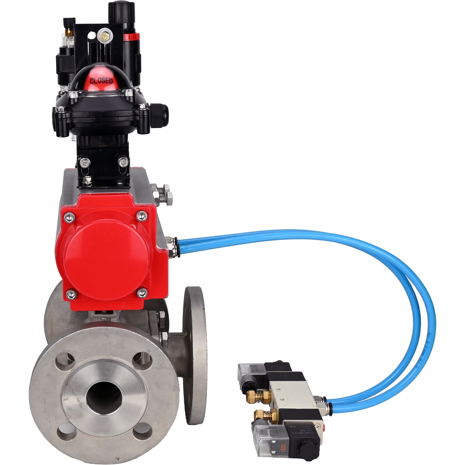 Ball valves Elephant BV3232P(4pc)-FP-3WL-F-ISO-H 16 bar full bore, flanged, body - stainless steel SS316, ISO flange F03/F04-F10/F12, square 9x9-19x19, with pneumatic drive PA-SA, pneumatic valve 4V320-8 220V, LSU APL-210N and ATU AFC200