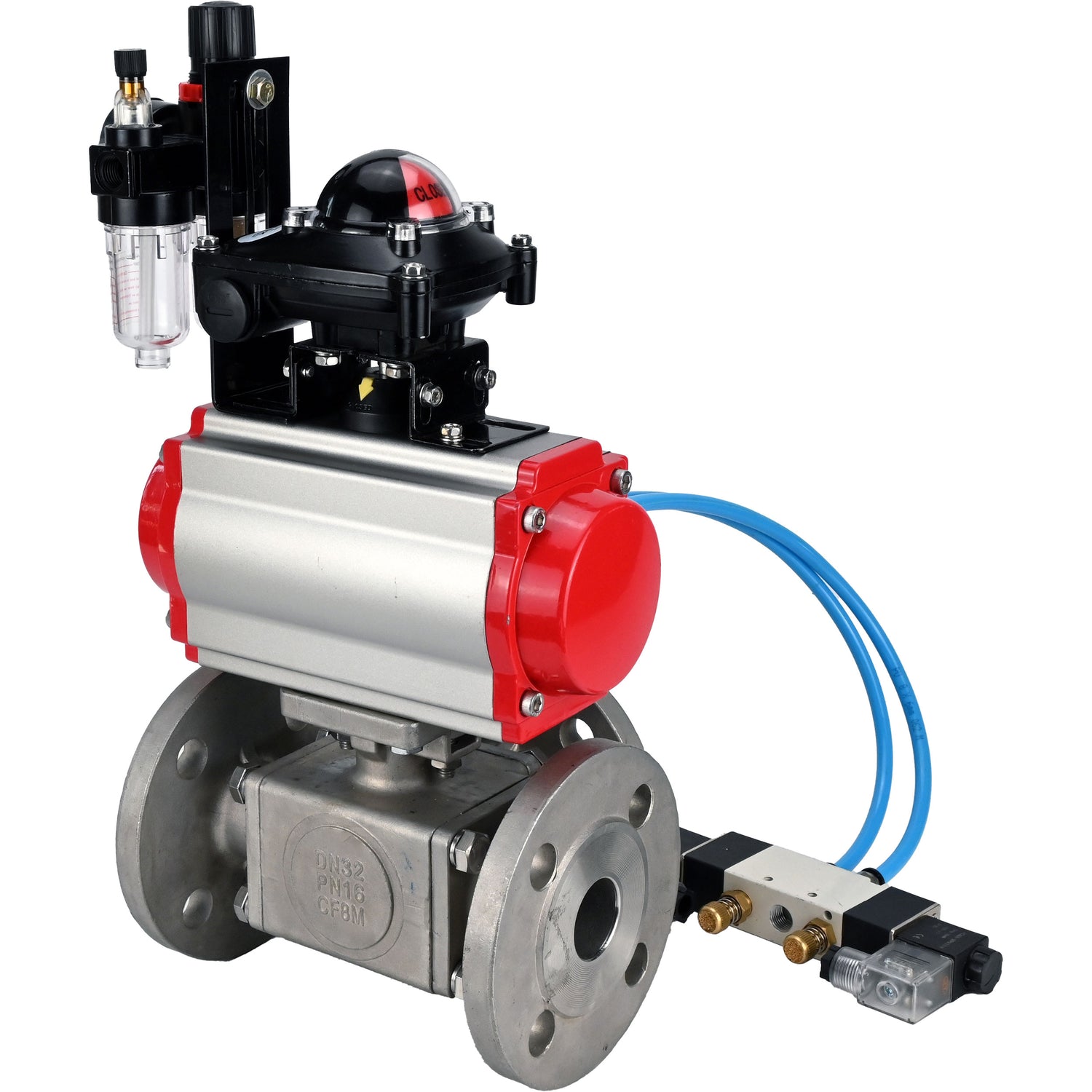 Ball valves Elephant BV3232P(4pc)-FP-3WL-F-ISO-H 16 bar full bore, flanged, body - stainless steel SS316, ISO flange F03/F04-F10/F12, square 9x9-19x19, with pneumatic drive PA-SA, pneumatic valve 4V320-8 220V, LSU APL-210N and ATU AFC200
