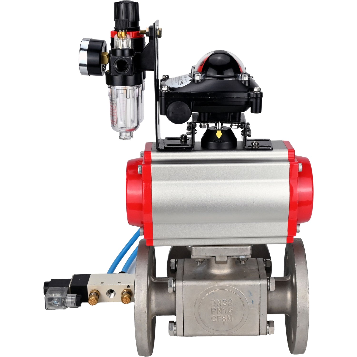 Ball valves Elephant BV3232P(4pc)-FP-3WL-F-ISO-H 16 bar full bore, flanged, body - stainless steel SS316, ISO flange F03/F04-F10/F12, square 9x9-19x19, with pneumatic drive PA-SA, pneumatic valve 4V320-8 220V, LSU APL-210N and ATU AFC200