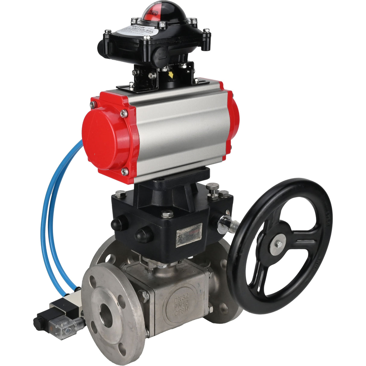 Ball valves Elephant BV3232P(4pc)-FP-3WL-F-ISO-H 16 bar full bore, flanged, body - stainless steel SS316, ISO flange F03/F04-F10/F12, square 9x9-19x19, with pneumatic drive PA-DA, mon/distribution 4V320-10 220V, LSU APL-210N and Doubler MON3-700-T3