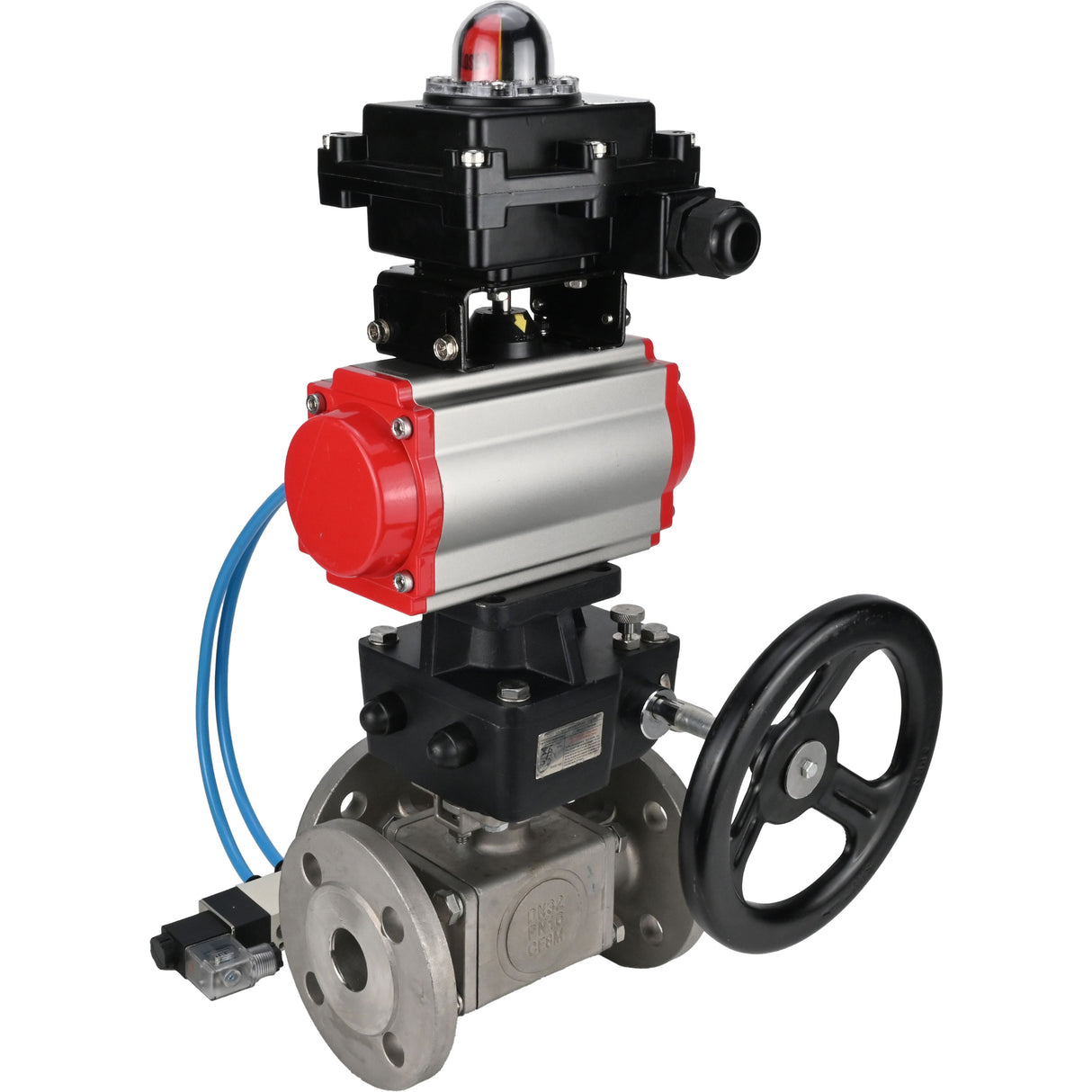 Ball valves Elephant BV3232P(4pc)-FP-3WL-F-ISO-H 16 bar full bore, flanged, body - stainless steel SS316, ISO flange F03/F04-F10/F12, square 9x9-19x19, s pneumatic drive PA-DA, mon/distributor 4V320-8 220V, LSU APL-410N EX and Doubler MON3-700-T38-ISO