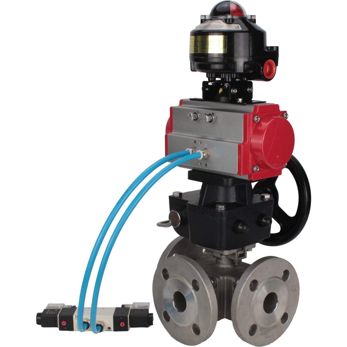 Ball valves Elephant BV3232P(4pc)-FP-3WL-F-ISO-H 16 bar full bore, flanged, body - stainless steel SS316, ISO flange F03/F04-F10/F12, square 9x9-19x19, with pneumatic drive PA-DA, mon/distributor 4V320-8 220V, LSU APL-510N EX and Doubler MON3-700-T38-ISO