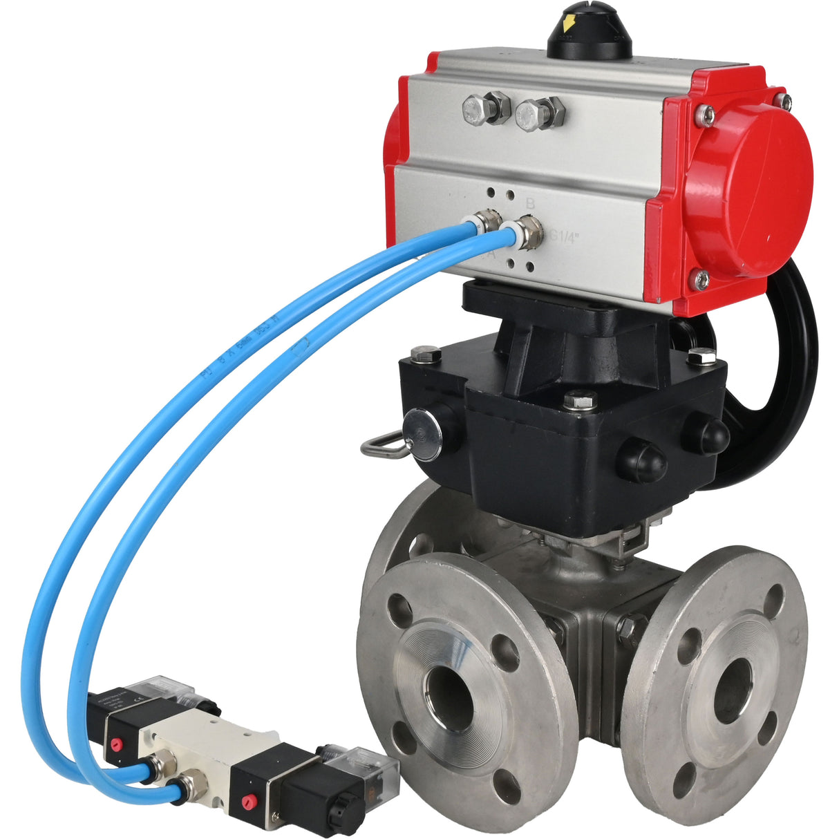 Ball valves Elephant BV3232P(4pc)-FP-3WL-F-ISO-H 16 bar full bore, flanged, body - stainless steel SS316, ISO flange F03/F04-F10/F12, square 9x9-19x19, with pneumatic drive PA-DA, pneumatic distributor 4V320-8 220V and Doubler MON3-700-T38-IS