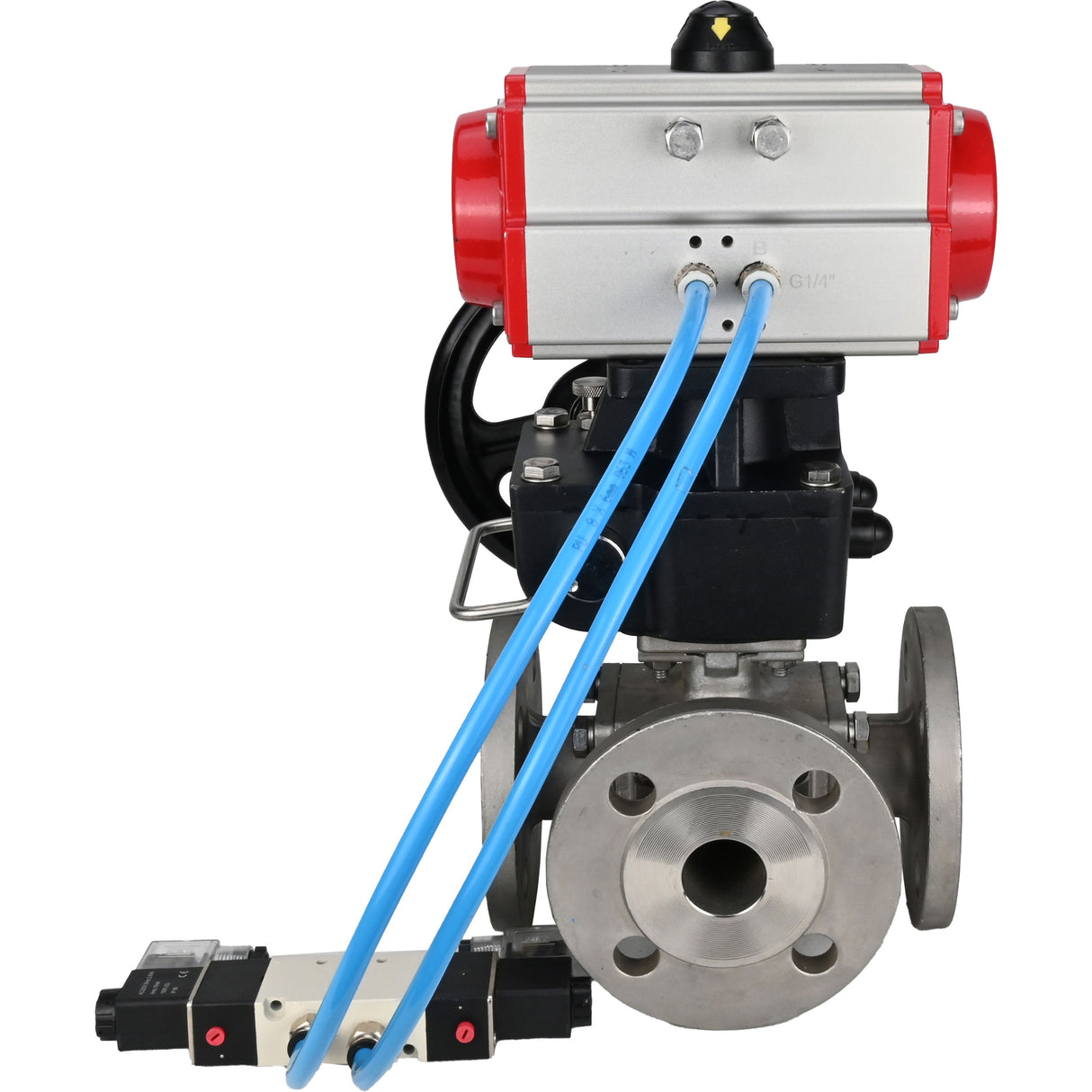 Ball valves Elephant BV3232P(4pc)-FP-3WL-F-ISO-H 16 bar full bore, flanged, body - stainless steel SS316, ISO flange F03/F04-F10/F12, square 9x9-19x19, with pneumatic drive PA-DA, pneumatic distributor 4V320-8 220V and Doubler MON3-700-T38-IS