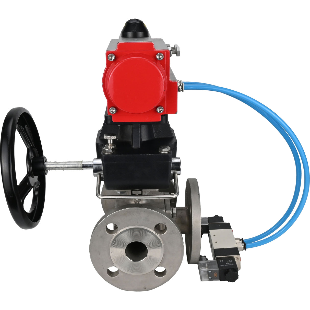 Ball valves Elephant BV3232P(4pc)-FP-3WL-F-ISO-H 16 bar full bore, flanged, body - stainless steel SS316, ISO flange F03/F04-F10/F12, square 9x9-19x19, with pneumatic drive PA-DA, pneumatic distributor 4V320-8 220V and Doubler MON3-700-T38-IS