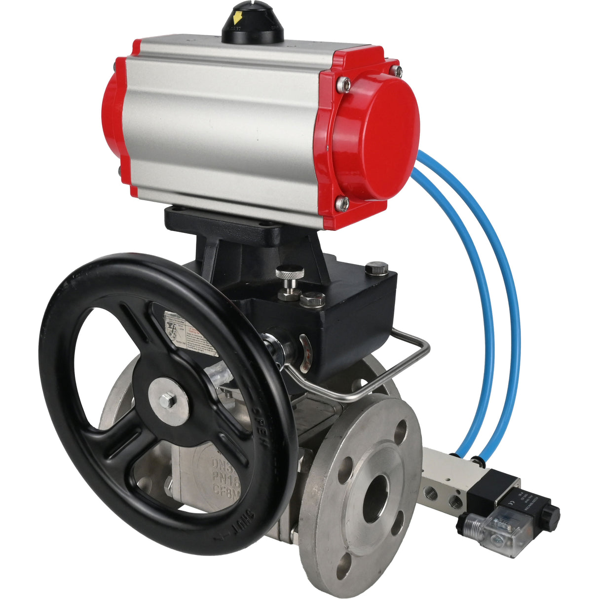 Ball valves Elephant BV3232P(4pc)-FP-3WL-F-ISO-H 16 bar full bore, flanged, body - stainless steel SS316, ISO flange F03/F04-F10/F12, square 9x9-19x19, with pneumatic drive PA-DA, pneumatic distributor 4V320-8 220V and Doubler MON3-700-T38-IS