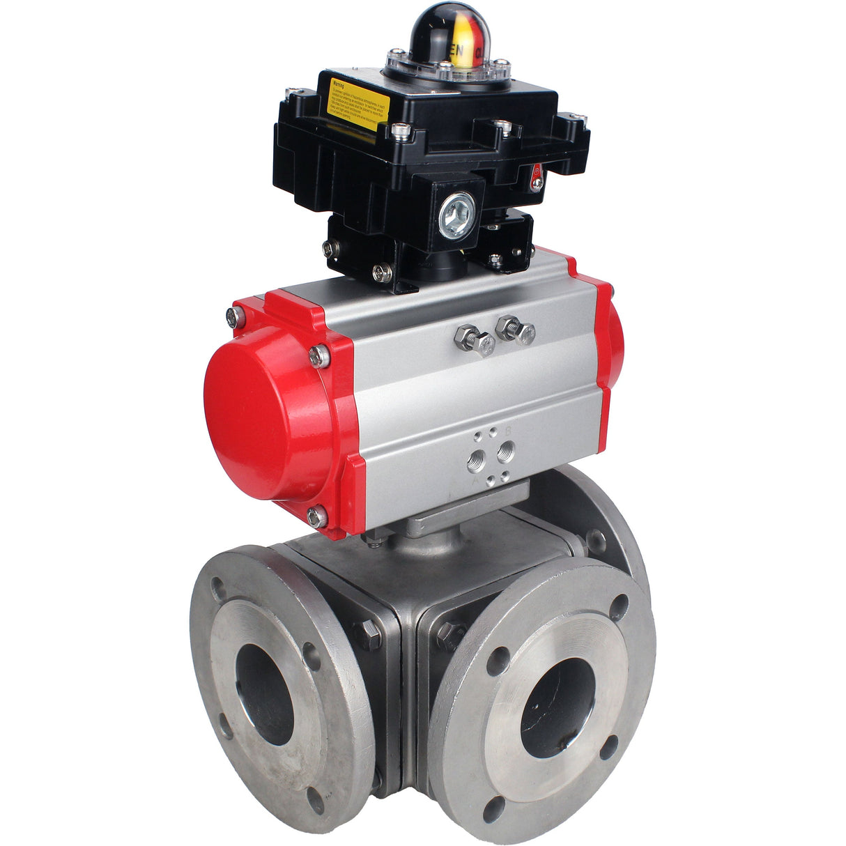 Ball valves Elephant BV3232P(4pc)-FP-3WL-F-ISO-H 16 bar full bore, flanged, body - stainless steel SS316, ISO flange F03/F04-F10/F12, square 9x9-19x19, with pneumatic drive Elephant PA-SA with return springs and LSU APL-410N EX
