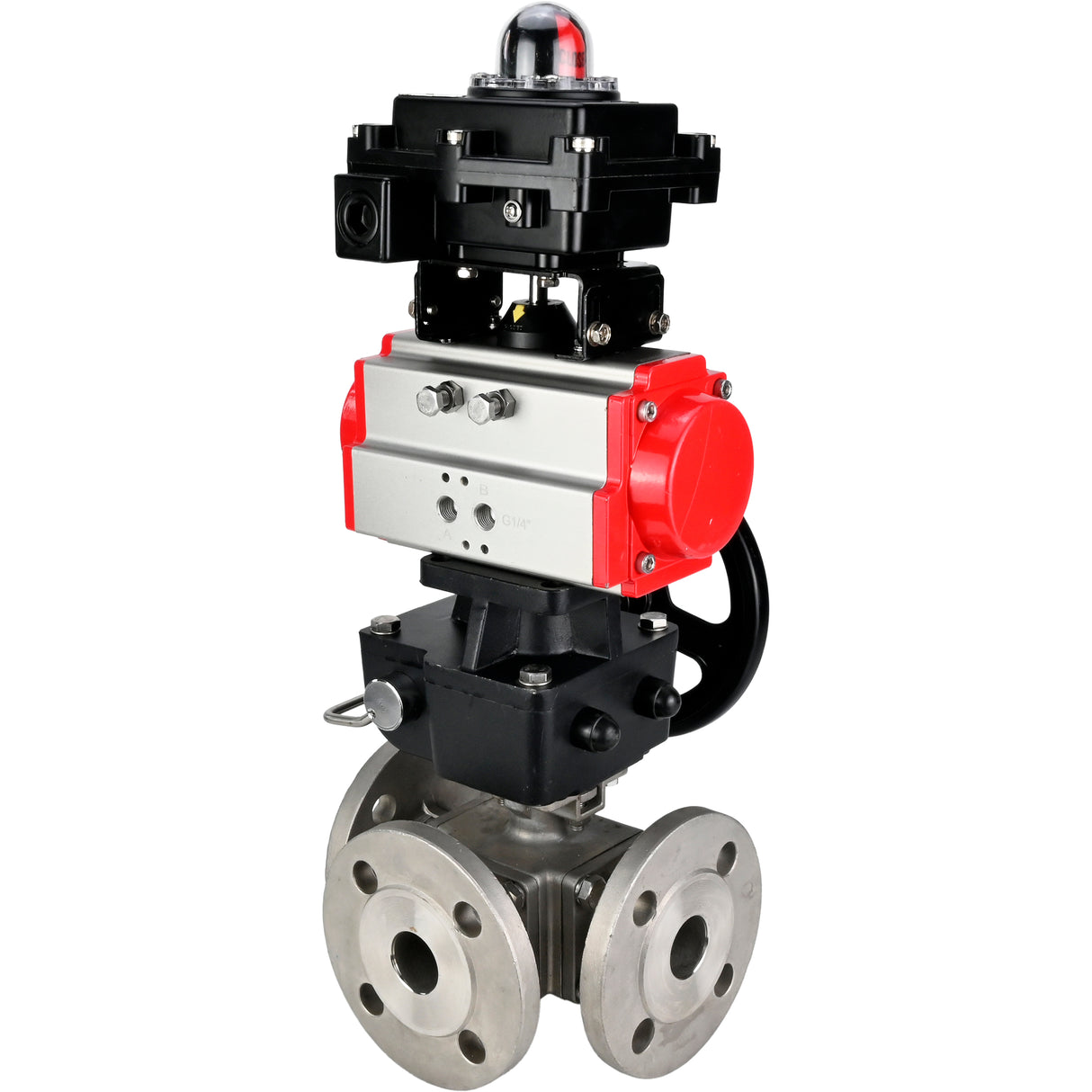 Ball valves Elephant BV3232P(4pc)-FP-3WL-F-ISO-H 16 bar full bore, flanged, body - stainless steel SS316, ISO flange F03/F04-F10/F12, square 9x9-19x19, with pneumatic drive PA-DA, LSU APL-410N EX and Doubler MON3-700-T38-ISO