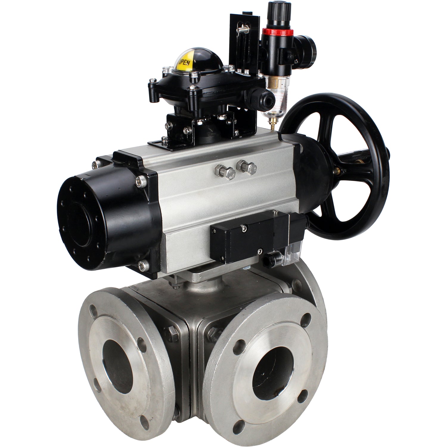 Ball valves Elephant BV3232P(4pc)-FP-3WL-F-ISO-H DN100 16 bar full bore, flanged, body - stainless steel SS316, ISO flange F10/F12, square 19x19, with pneumatic actuator PA-DA-105-1, pneumatic distributor 4M310-08 220V, LSU APL-210N and ATU AFC2000