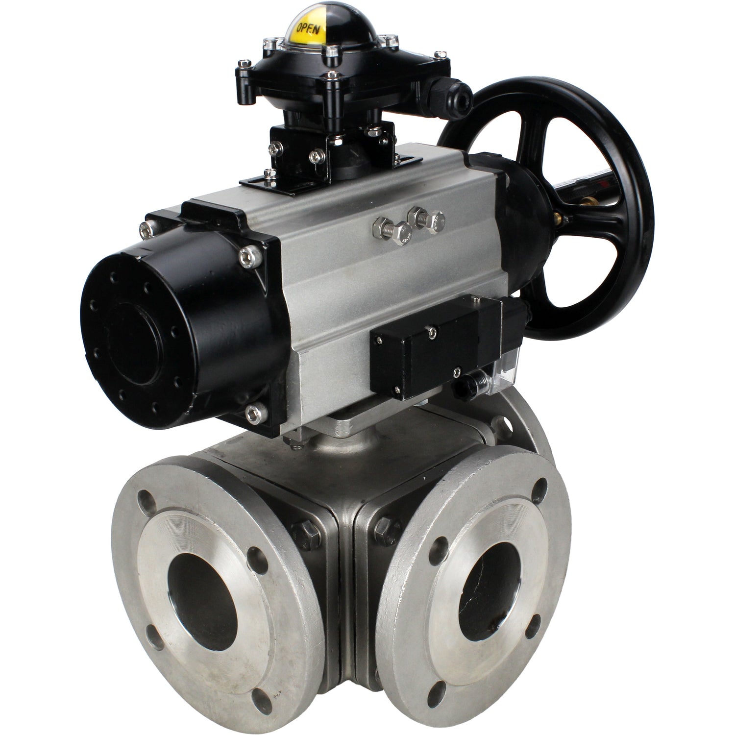 Ball valves Elephant BV3232P(4pc)-FP-3WL-F-ISO-H DN100 16 bar full bore, flanged, body - stainless steel SS316, ISO flange F10/F12, square 19x19, with double pneumatic actuator PA-DA-105-1 action, pneumatic distributor 4M310-08 24V and LSU APL-210N