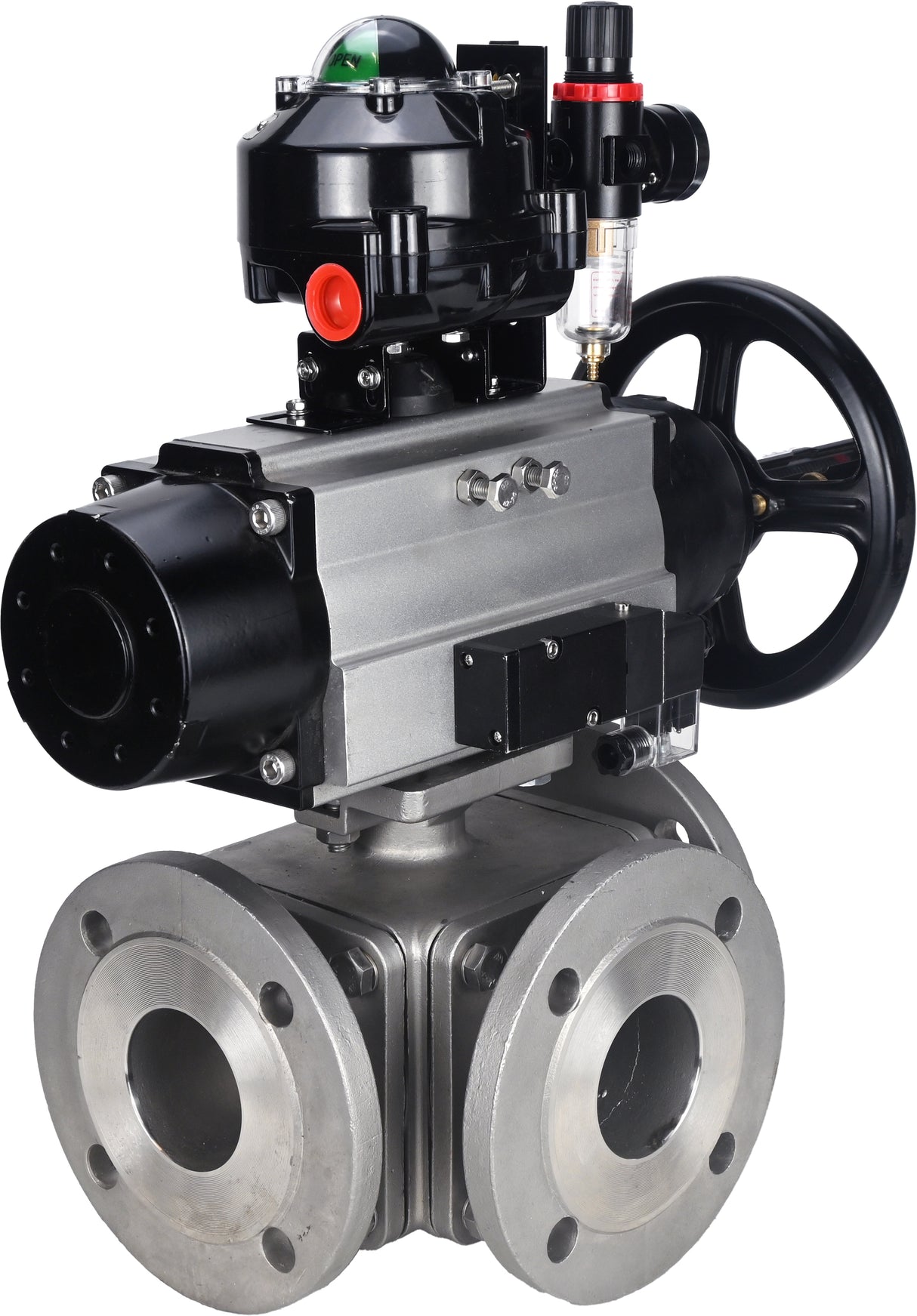 Ball valves Elephant BV3232P(4pc)-FP-3WL-F-ISO-H DN100 16 bar full bore, flanged, body - stainless steel SS316, ISO flange F10/F12, square 19x19, with pneumatic actuator PA-DA-105-1, pneumatic distributor 4M310-08 220V, LSU APL-510N EX and ATU AFC2000
