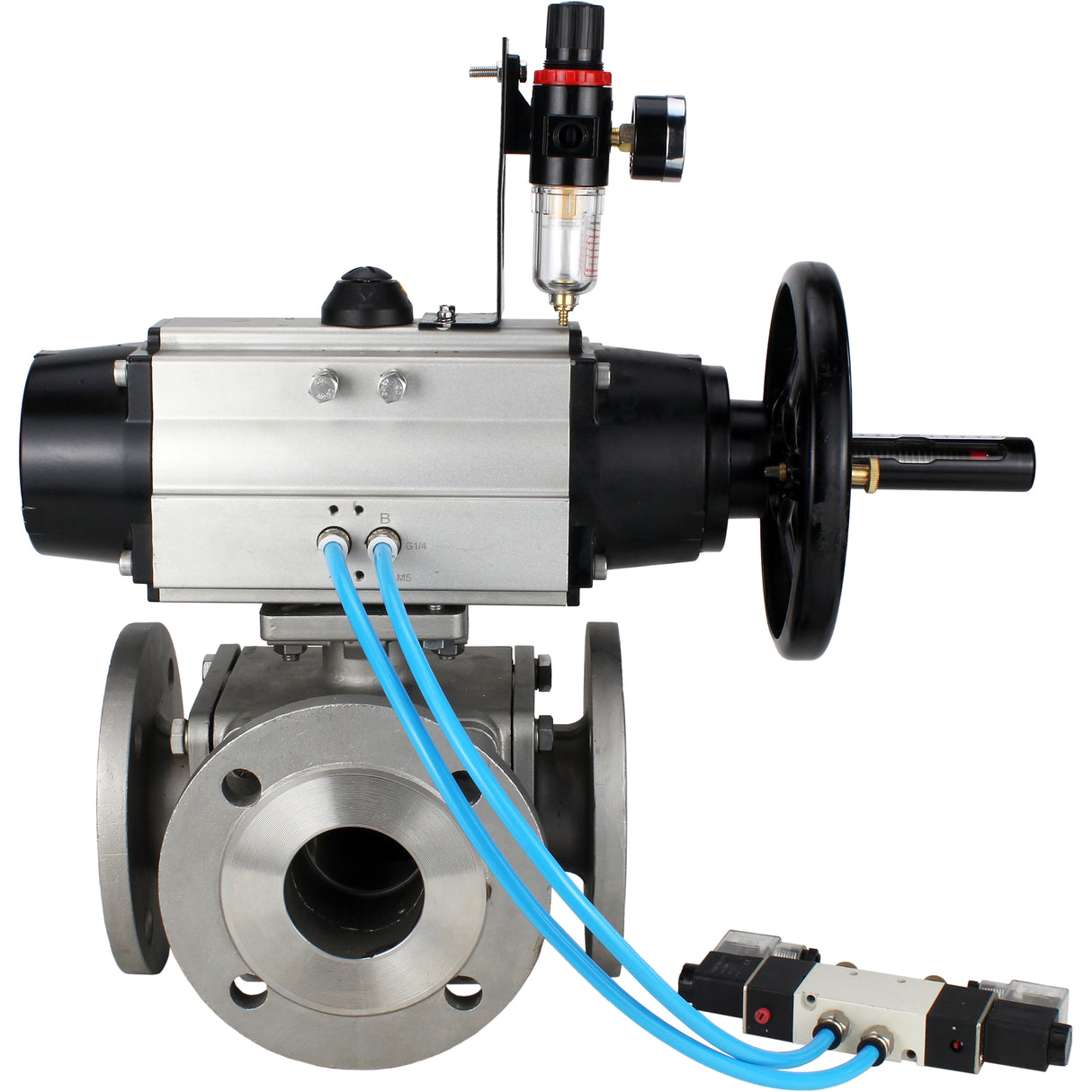 Ball valves Elephant BV3232P(4pc)-FP-3WL-F-ISO-H DN100 16 bar full bore, flanged, body - stainless steel SS316, ISO flange F10/F12, square 19x19, with double pneumatic actuator PA-DA-105-1 action, pneumatic distributor 4V320-8 220V and ATU AFC2000