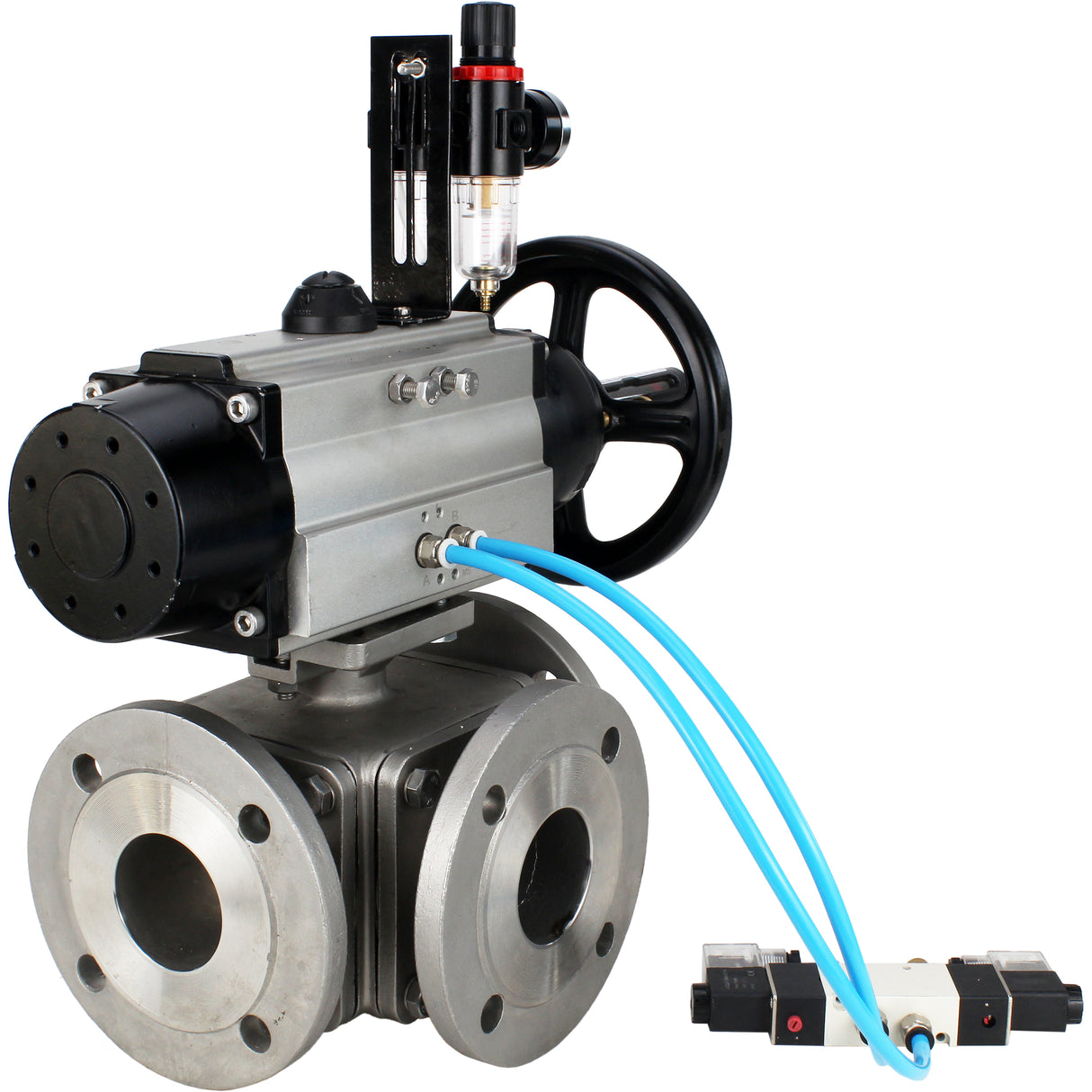 Ball valves Elephant BV3232P(4pc)-FP-3WL-F-ISO-H DN100 16 bar full bore, flanged, body - stainless steel SS316, ISO flange F10/F12, square 19x19, with double pneumatic actuator PA-DA-105-1 action, pneumatic distributor 4V320-8 220V and ATU AFC2000