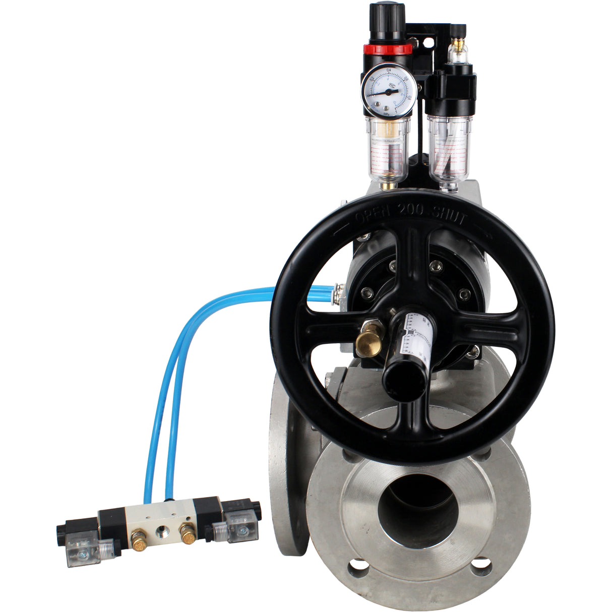 Ball valves Elephant BV3232P(4pc)-FP-3WL-F-ISO-H DN100 16 bar full bore, flanged, body - stainless steel SS316, ISO flange F10/F12, square 19x19, with double pneumatic actuator PA-DA-105-1 action, pneumatic distributor 4V320-8 220V and ATU AFC2000