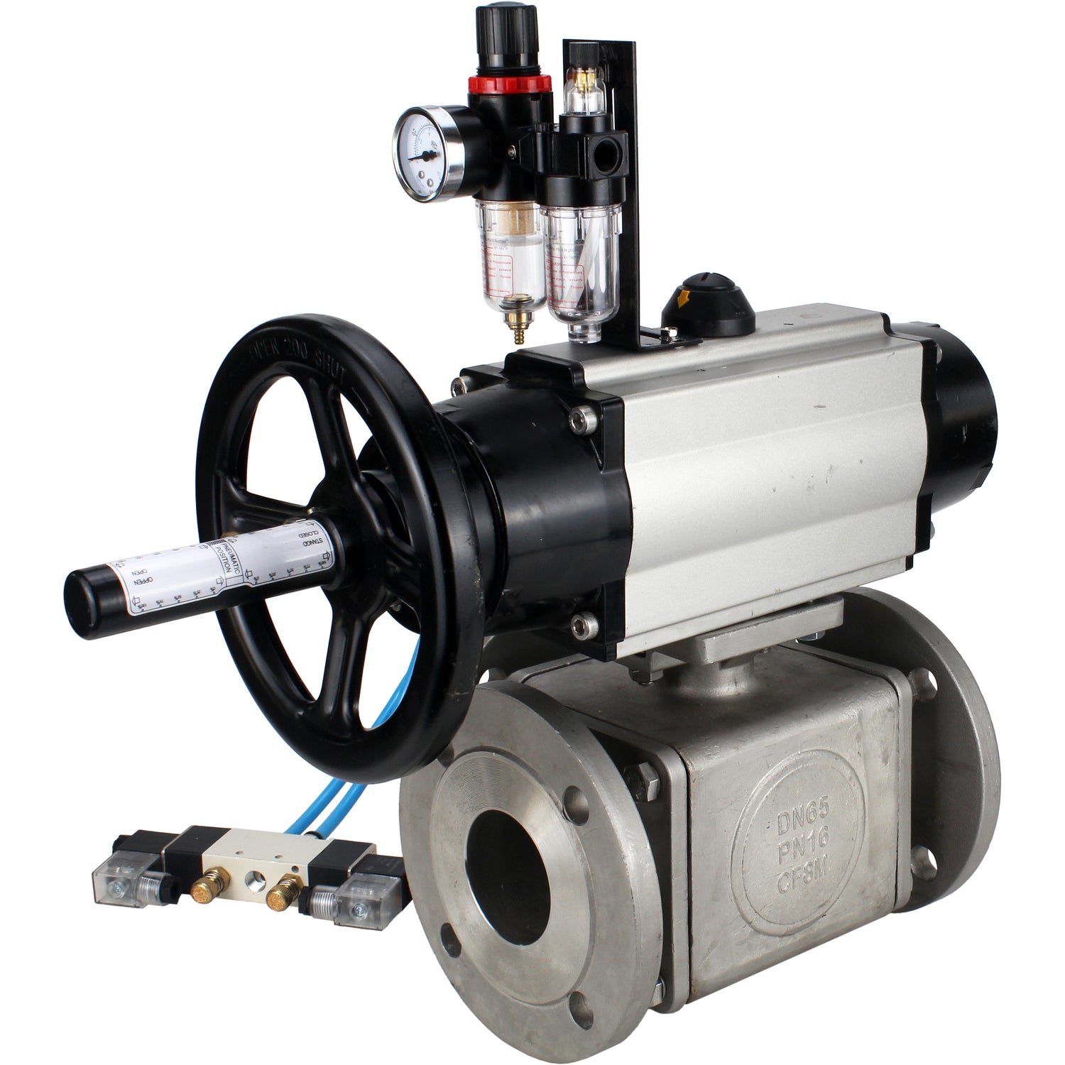 Ball valves Elephant BV3232P(4pc)-FP-3WL-F-ISO-H DN100 16 bar full bore, flanged, body - stainless steel SS316, ISO flange F10/F12, square 19x19, with double pneumatic actuator PA-DA-105-1 action, pneumatic distributor 4V320-8 220V and ATU AFC2000