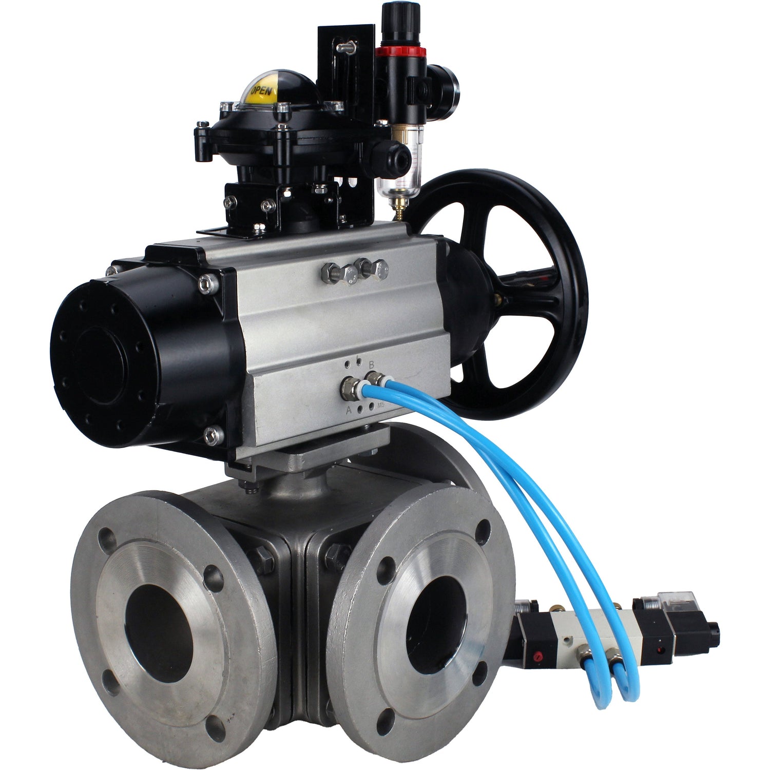 Ball valves Elephant BV3232P(4pc)-FP-3WL-F-ISO-H DN100 16 bar full bore, flanged, body - stainless steel SS316, ISO flange F10/F12, square 19x19, with pneumatic actuator PA-DA-105-1, pneumatic distributor 4V320-10 220V, LSU APL-210N and ATU AFC2000