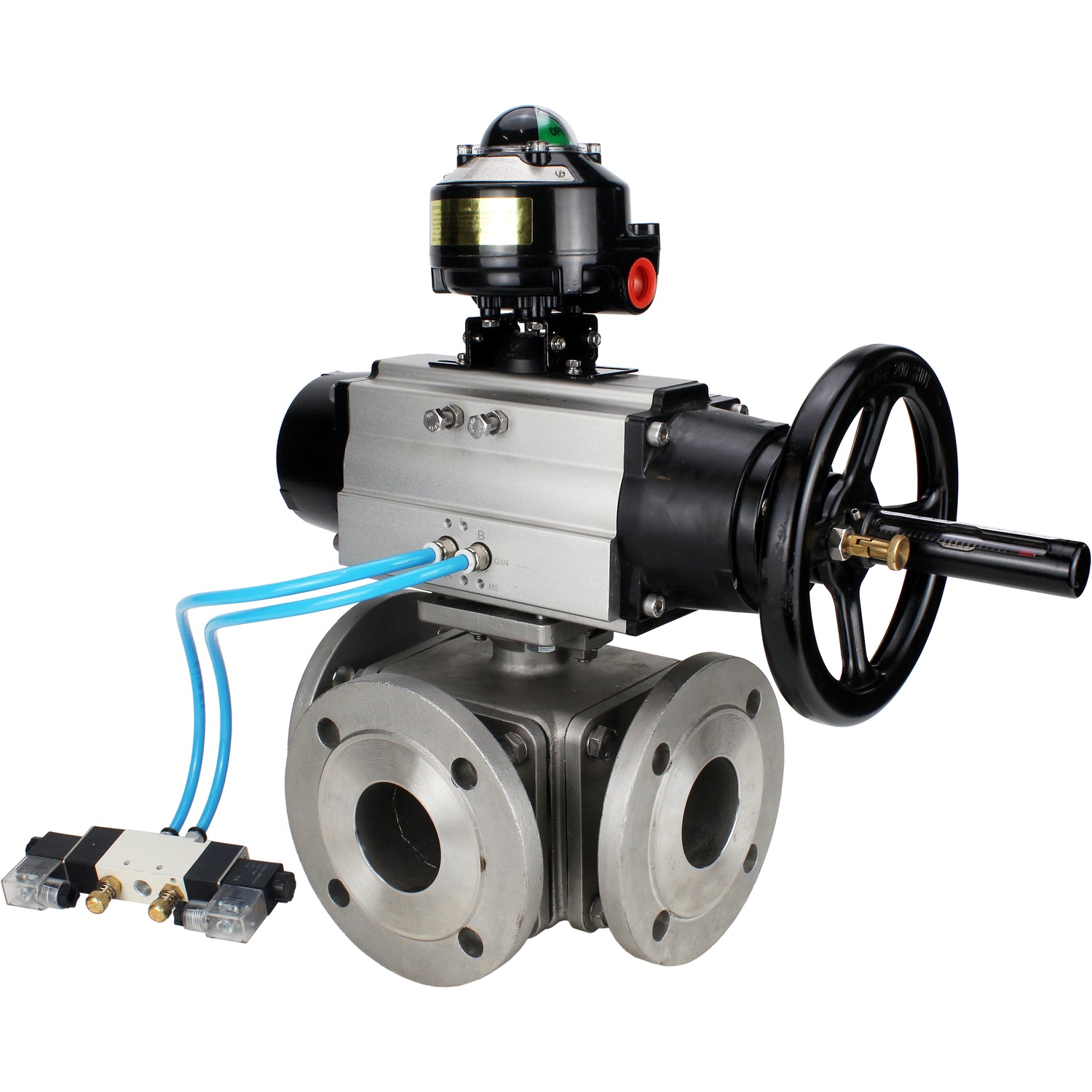 Ball valves Elephant BV3232P(4pc)-FP-3WL-F-ISO-H DN100 16 bar full bore, flanged, body - stainless steel SS316, ISO flange F10/F12, square 19x19, with double pneumatic actuator PA-DA-105-1 action, pneumatic distributor 4V320-8 220V and LSU APL-510N EX