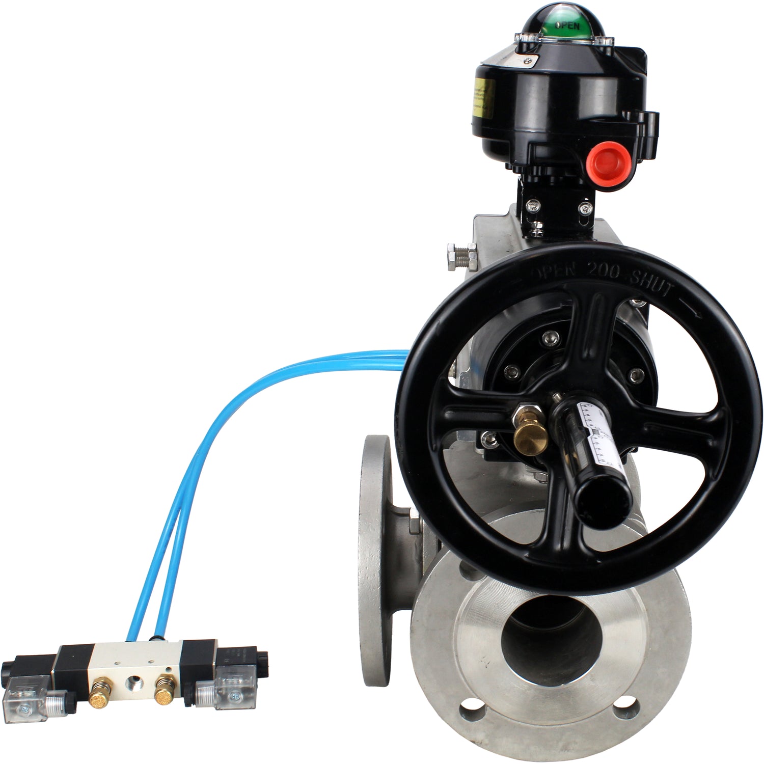 Ball valves Elephant BV3232P(4pc)-FP-3WL-F-ISO-H DN100 16 bar full bore, flanged, body - stainless steel SS316, ISO flange F10/F12, square 19x19, with double pneumatic actuator PA-DA-105-1 action, pneumatic distributor 4V320-8 220V and LSU APL-510N EX