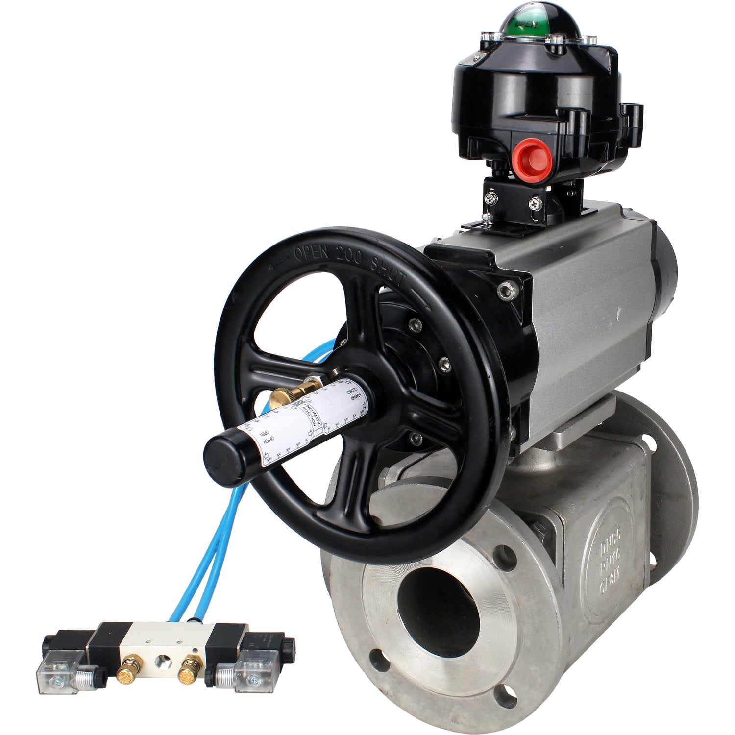 Ball valves Elephant BV3232P(4pc)-FP-3WL-F-ISO-H DN100 16 bar full bore, flanged, body - stainless steel SS316, ISO flange F10/F12, square 19x19, with double pneumatic actuator PA-DA-105-1 action, pneumatic distributor 4V320-8 220V and LSU APL-510N EX