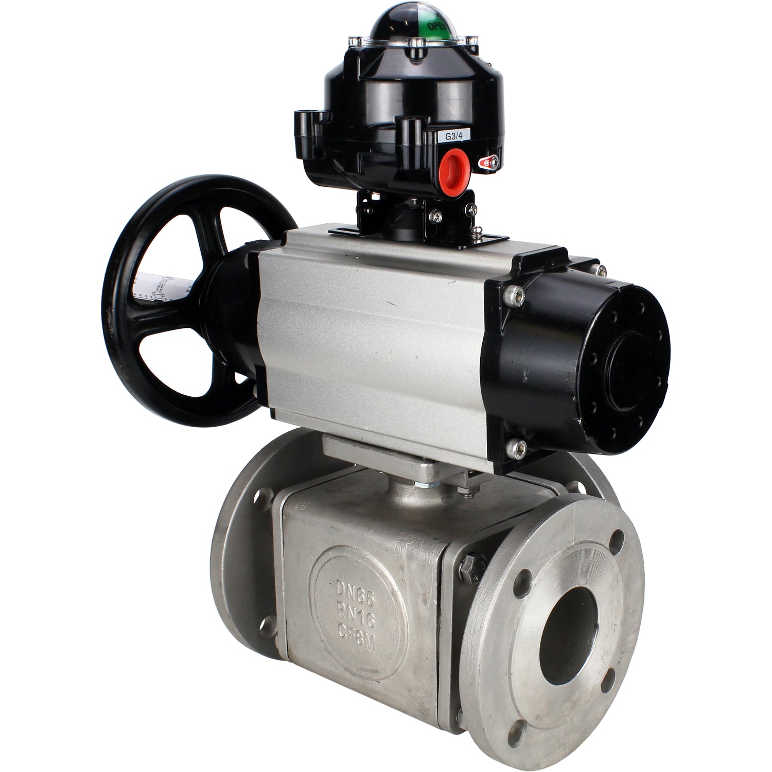 Ball valves Elephant BV3232P(4pc)-FP-3WL-F-ISO-H DN100 16 bar full bore, flanged, body - stainless steel SS316, ISO flange F10/F12, square 19x19, with double pneumatic actuator PA-DA-105-1 action, pneumatic distributor 4V320-8 220V and LSU APL-510N EX