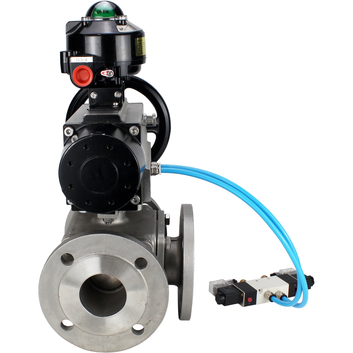 Ball valves Elephant BV3232P(4pc)-FP-3WL-F-ISO-H DN100 16 bar full bore, flanged, body - stainless steel SS316, ISO flange F10/F12, square 19x19, with double pneumatic actuator PA-DA-105-1 action, pneumatic distributor 4V320-8 220V and LSU APL-510N EX