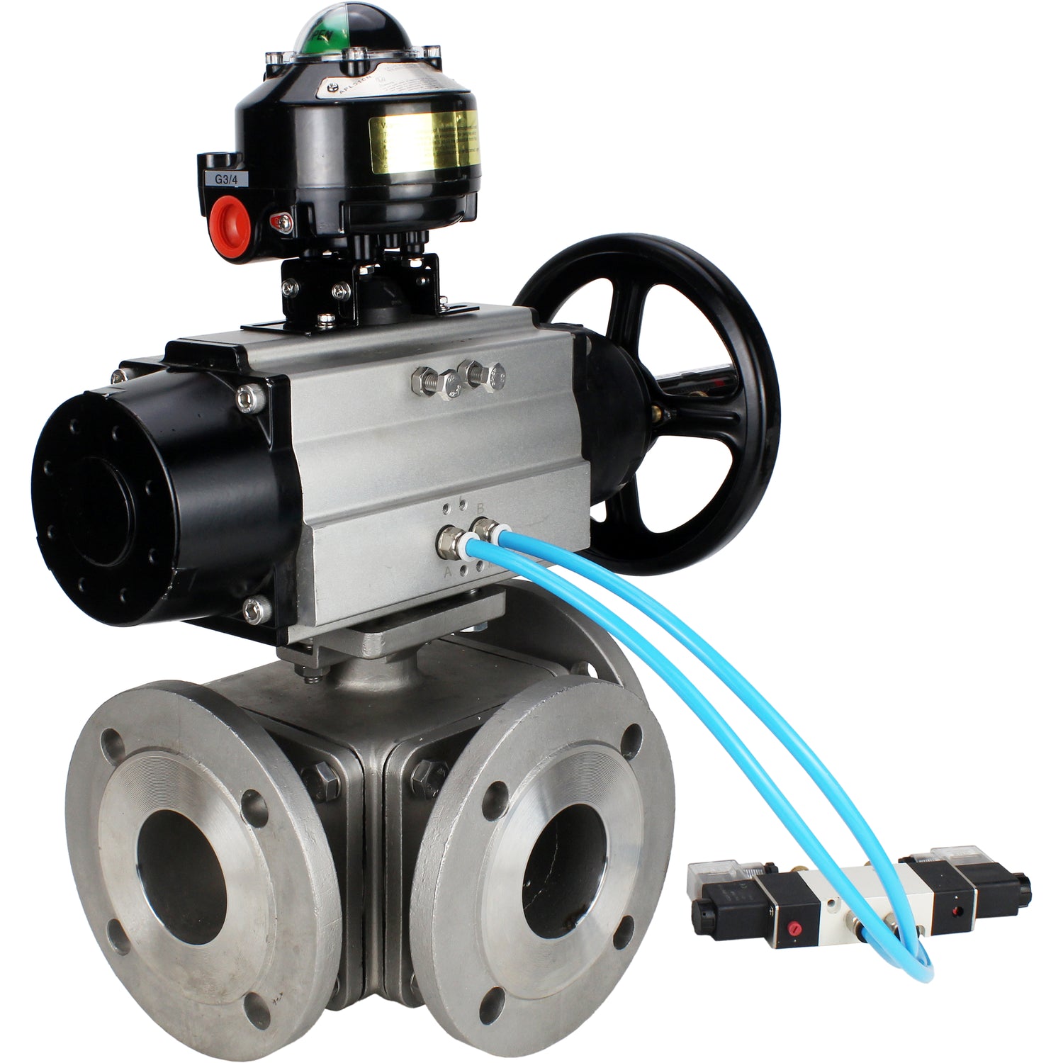 Ball valves Elephant BV3232P(4pc)-FP-3WL-F-ISO-H DN100 16 bar full bore, flanged, body - stainless steel SS316, ISO flange F10/F12, square 19x19, with double pneumatic actuator PA-DA-105-1 action, pneumatic distributor 4V320-8 220V and LSU APL-510N EX
