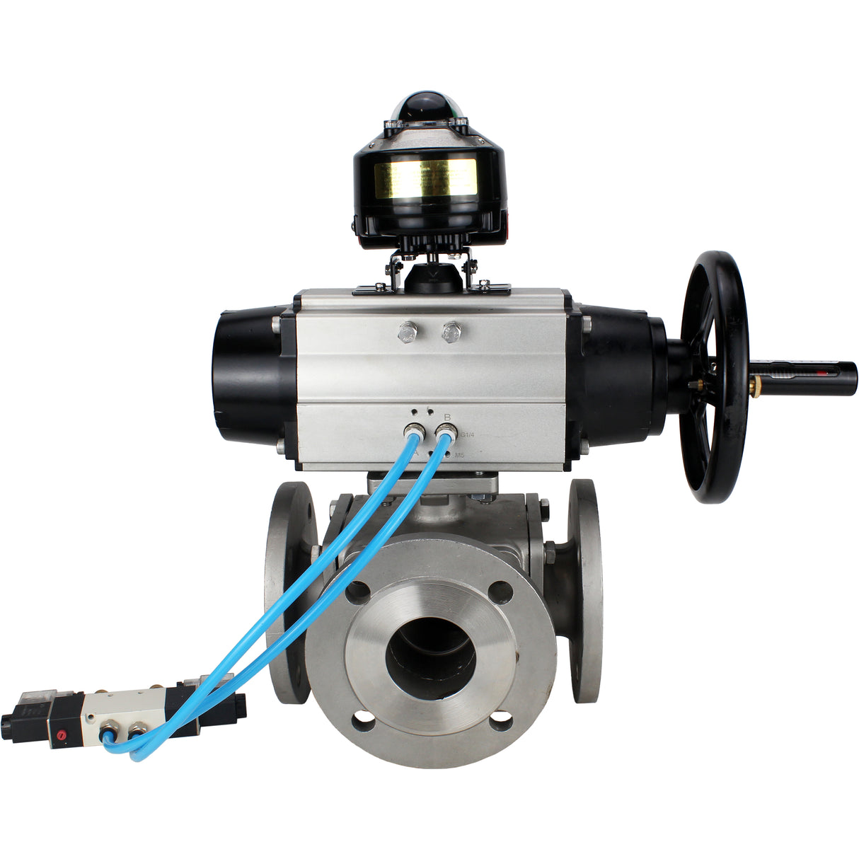 Ball valves Elephant BV3232P(4pc)-FP-3WL-F-ISO-H DN100 16 bar full bore, flanged, body - stainless steel SS316, ISO flange F10/F12, square 19x19, with double pneumatic actuator PA-DA-105-1 action, pneumatic distributor 4V320-8 220V and LSU APL-510N EX