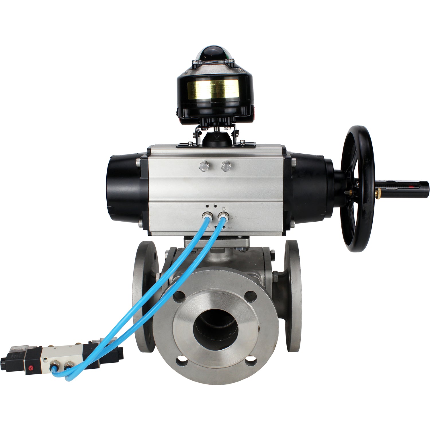 Ball valves Elephant BV3232P(4pc)-FP-3WL-F-ISO-H DN100 16 bar full bore, flanged, body - stainless steel SS316, ISO flange F10/F12, square 19x19, with double pneumatic actuator PA-DA-105-1 action, pneumatic distributor 4V320-8 220V and LSU APL-510N EX