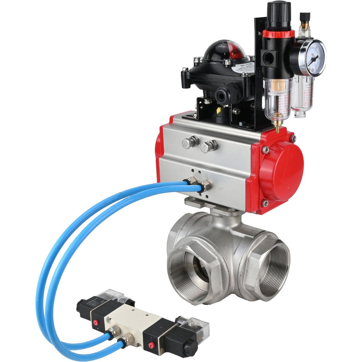 Ball valves Elephant BV3232P(4pc)-SP-3WL-T-ISO-H,  body material - Stainless steel AISI 316, seal - PTFE / PTFE / Teflon, with pneumatic actuator double action PA-DA, 4V320-08 220V, LSU APL-210N, ATU AFC2000