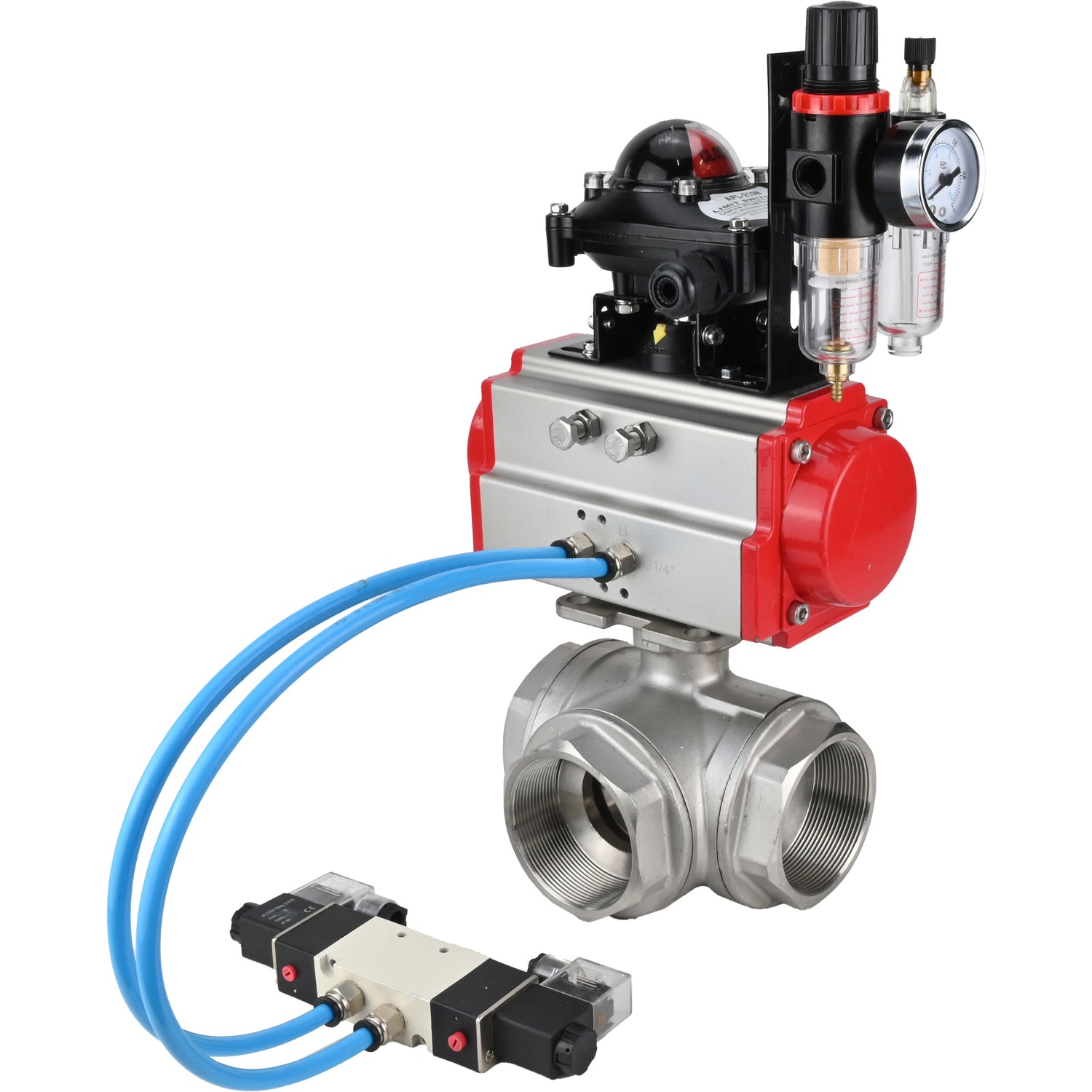 Ball valves Elephant BV3232P(4pc)-SP-3WL-T-ISO-H,  body material - Stainless steel AISI 316, seal - PTFE / PTFE / Teflon, with pneumatic actuator double action PA-DA, 4V320-08 220V, LSU APL-210N, ATU AFC2000
