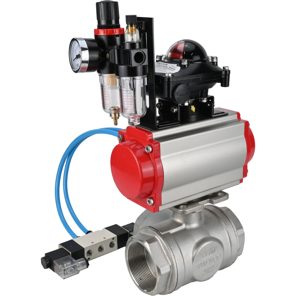 Ball valves Elephant BV3232P(4pc)-SP-3WL-T-ISO-H,  body material - Stainless steel AISI 316, seal - PTFE / PTFE / Teflon, with pneumatic actuator double action PA-DA, 4V320-08 220V, LSU APL-210N, ATU AFC2000