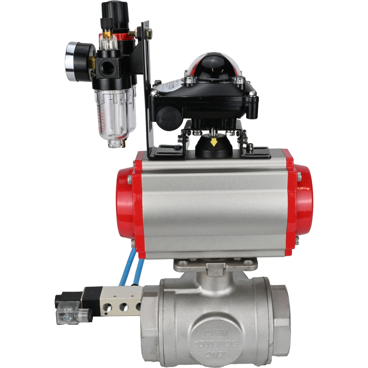 Ball valves Elephant BV3232P(4pc)-SP-3WL-T-ISO-H,  body material - Stainless steel AISI 316, seal - PTFE / PTFE / Teflon, with pneumatic actuator double action PA-DA, 4V320-08 220V, LSU APL-210N, ATU AFC2000