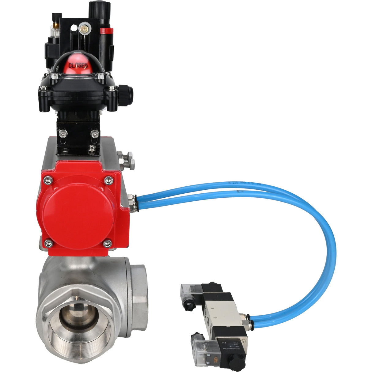 Ball valves Elephant BV3232P(4pc)-SP-3WL-T-ISO-H,  body material - Stainless steel AISI 316, seal - PTFE / PTFE / Teflon, with pneumatic actuator double action PA-DA, 4V320-08 220V, LSU APL-210N, ATU AFC2000