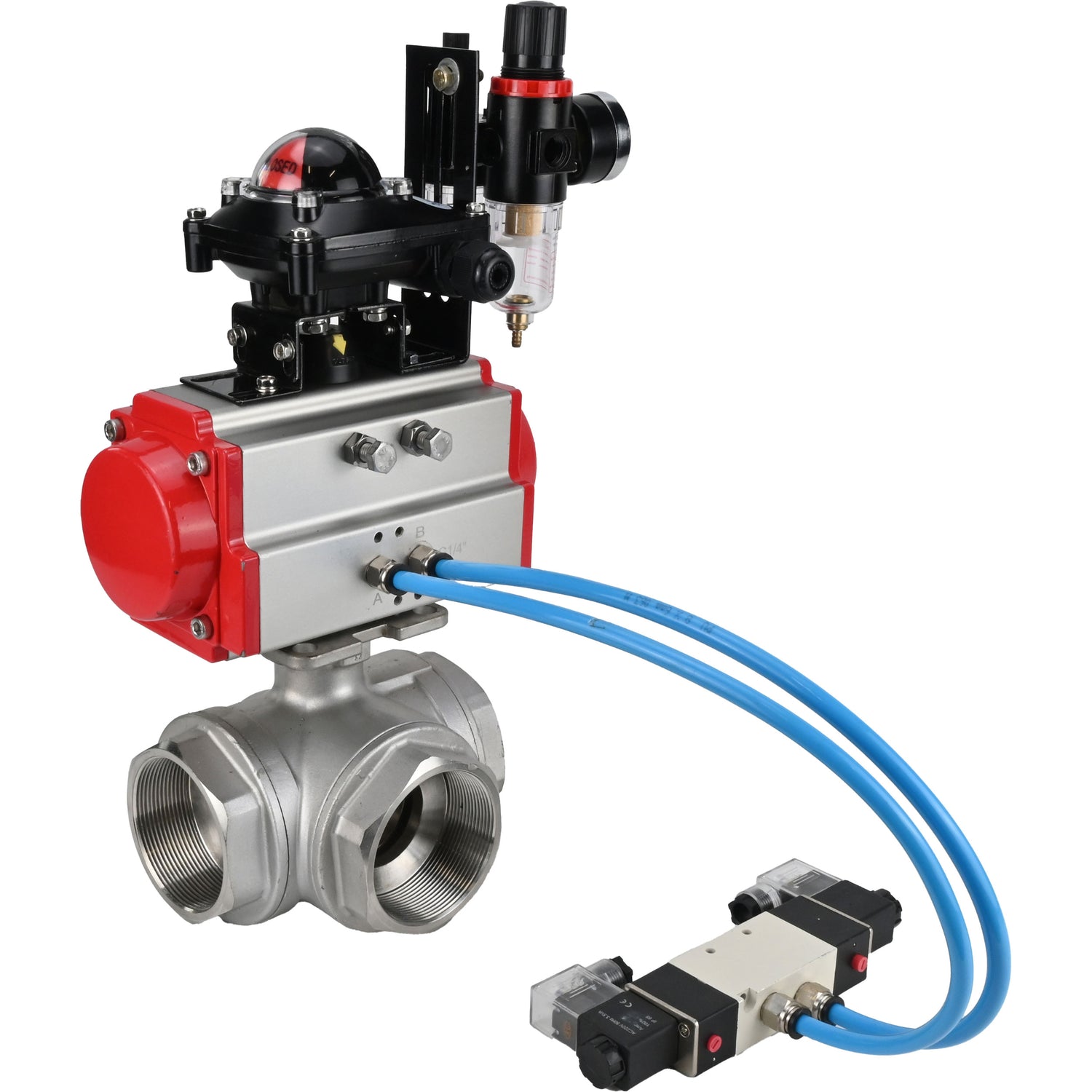 Ball valves Elephant BV3232P(4pc)-SP-3WL-T-ISO-H,  body material - Stainless steel AISI 316, seal - PTFE / PTFE / Teflon, with pneumatic actuator double action PA-DA, 4V320-08 220V, LSU APL-210N, ATU AFC2000