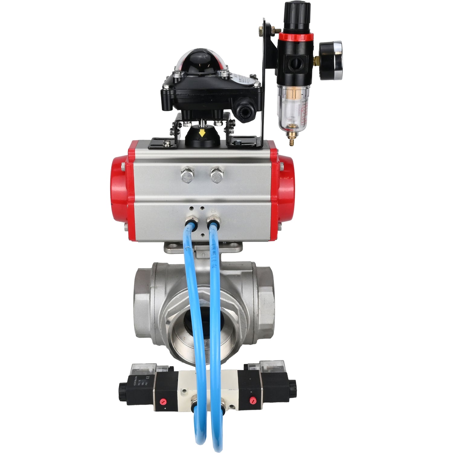 Ball valves Elephant BV3232P(4pc)-SP-3WL-T-ISO-H,  body material - Stainless steel AISI 316, seal - PTFE / PTFE / Teflon, with pneumatic actuator double action PA-DA, 4V320-08 220V, LSU APL-210N, ATU AFC2000