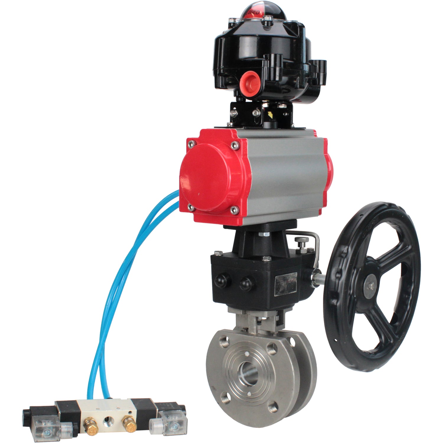 Ball valves Elephant BV3232P-FP-Fb-ISO-H 16 bar wafer, full bore, stainless steel body. steel SS316, seal - PTFE, with pneumatic drive Elephant PA-DA 052-105 pneumatic distributor 4V320-08 gearbox MON LSU APL-510N-EX