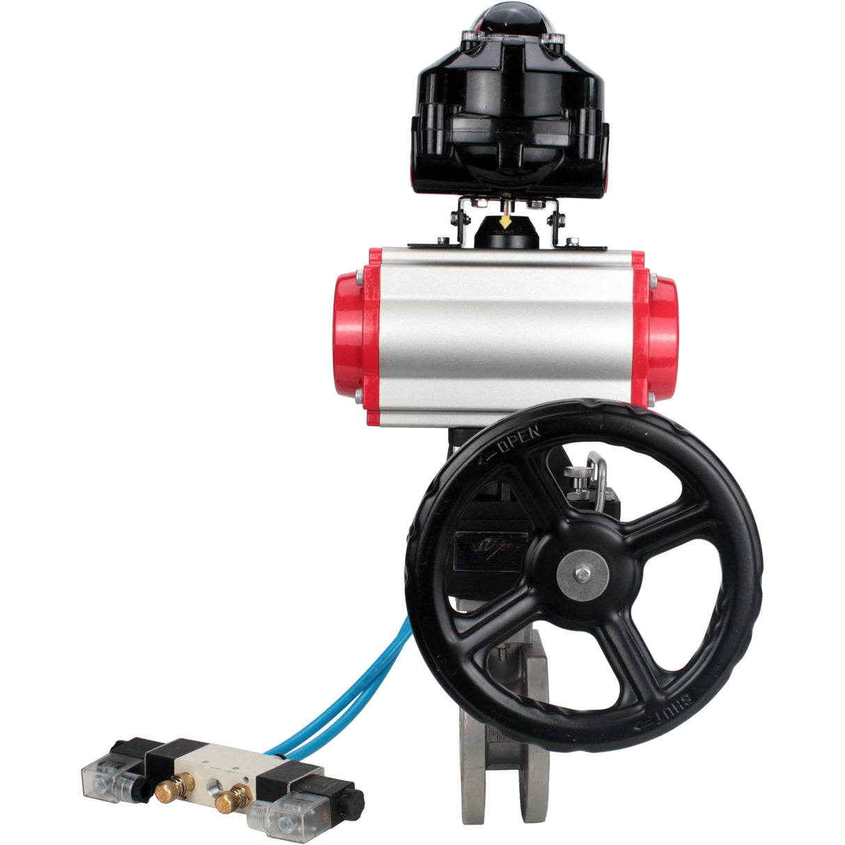 Ball valves Elephant BV3232P-FP-Fb-ISO-H 16 bar wafer, full bore, stainless steel body. steel SS316, seal - PTFE, with pneumatic drive Elephant PA-DA 052-105 pneumatic distributor 4V320-08 gearbox MON LSU APL-510N-EX