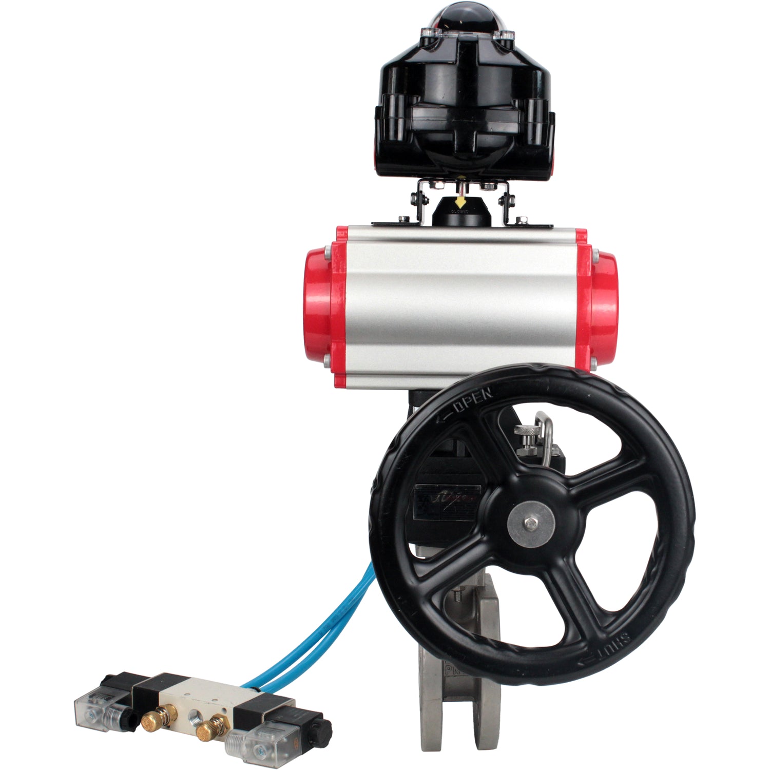 Ball valves Elephant BV3232P-FP-Fb-ISO-H 16 bar wafer, full bore, stainless steel body. steel SS316, seal - PTFE, with pneumatic drive Elephant PA-DA 052-105 pneumatic distributor 4V320-08 gearbox MON LSU APL-510N-EX