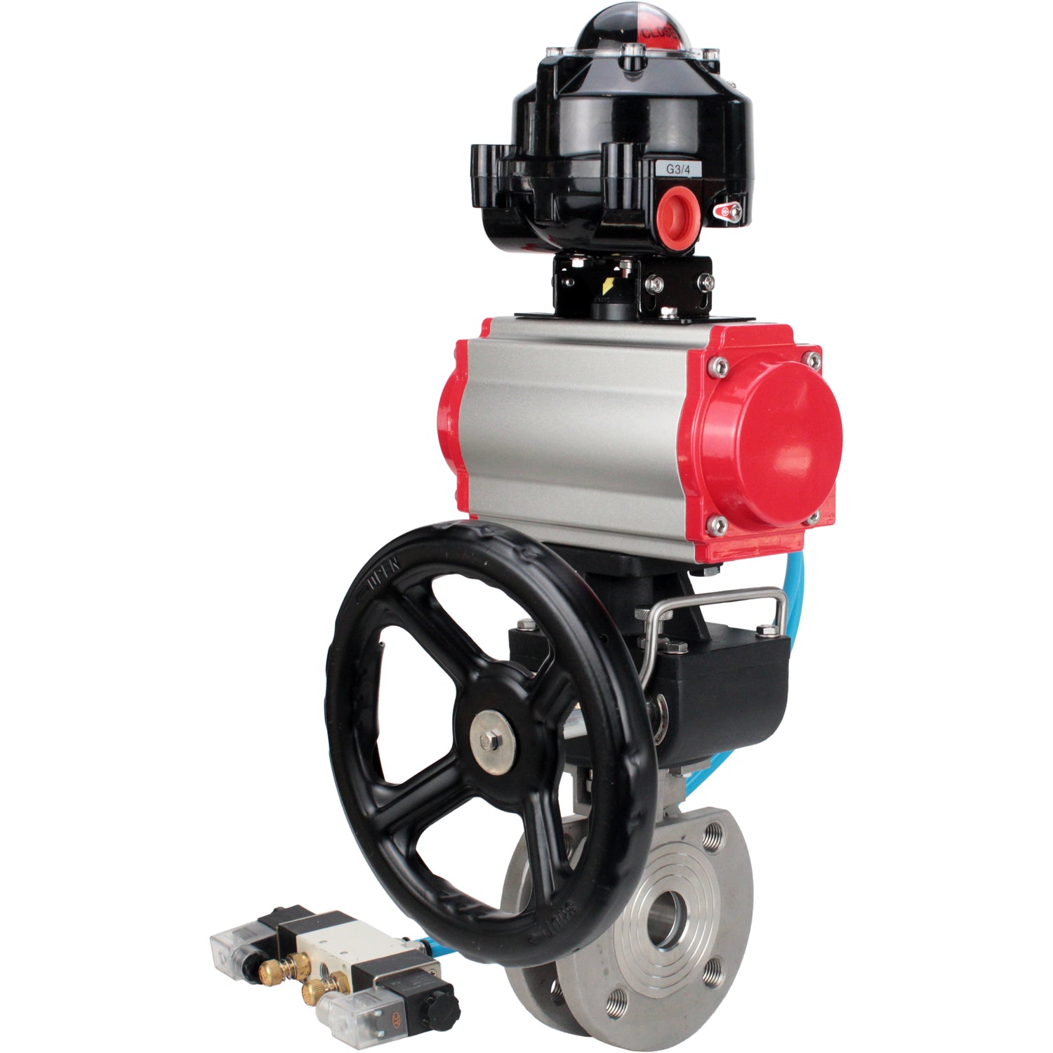 Ball valves Elephant BV3232P-FP-Fb-ISO-H 16 bar wafer, full bore, stainless steel body. steel SS316, seal - PTFE, with pneumatic drive Elephant PA-DA 052-105 pneumatic distributor 4V320-08 gearbox MON LSU APL-510N-EX