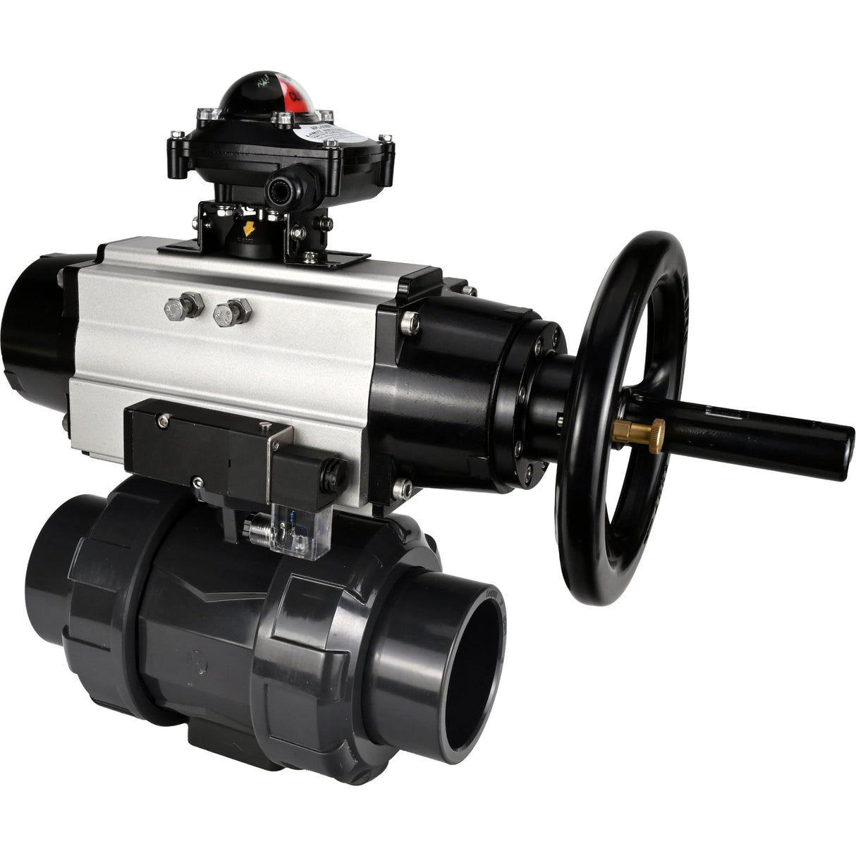 Ball valves Elephant BV4242E-FP-GRM-ISO, body material - UPVC, ball material - UPVC, seal - EPDM, with pneumatic actuator double action PA-DA-105-1, pneumatic distributor 4M310-08 220V and LSU APL-210N