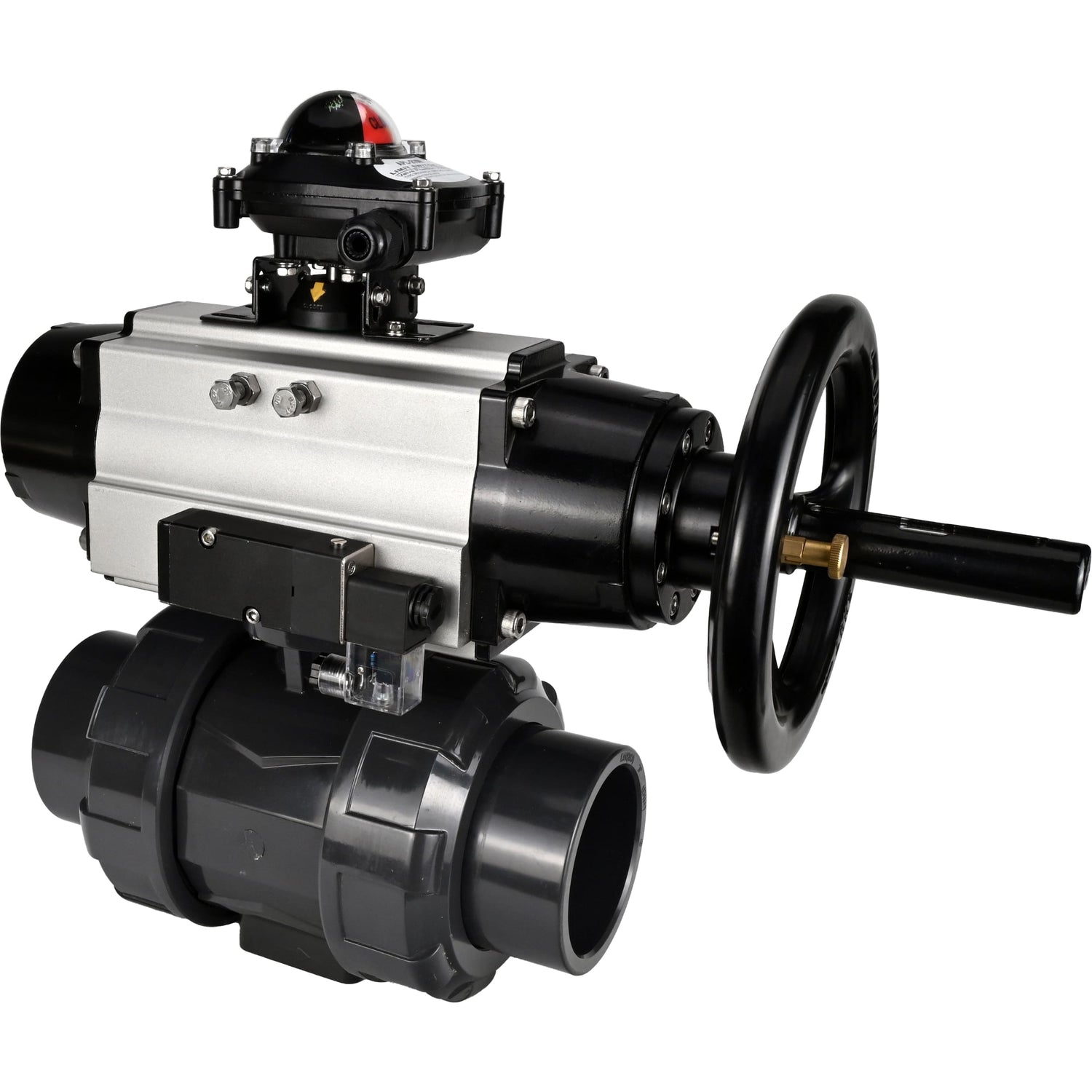 Ball valves Elephant BV4242E-FP-GRM-ISO, body material - UPVC, ball material - UPVC, seal - EPDM, with pneumatic actuator double action PA-DA-105-1, pneumatic distributor 4M310-08 220V and LSU APL-210N