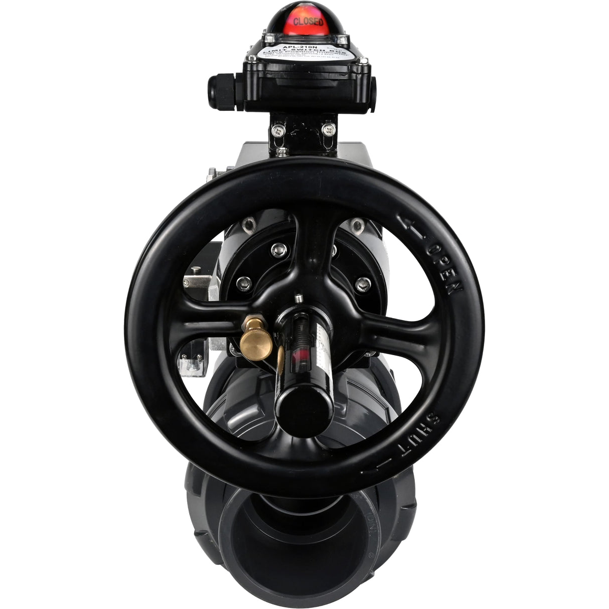 Ball valves Elephant BV4242E-FP-GRM-ISO, body material - UPVC, ball material - UPVC, seal - EPDM, with pneumatic actuator double action PA-DA-105-1, pneumatic distributor 4M310-08 220V and LSU APL-210N