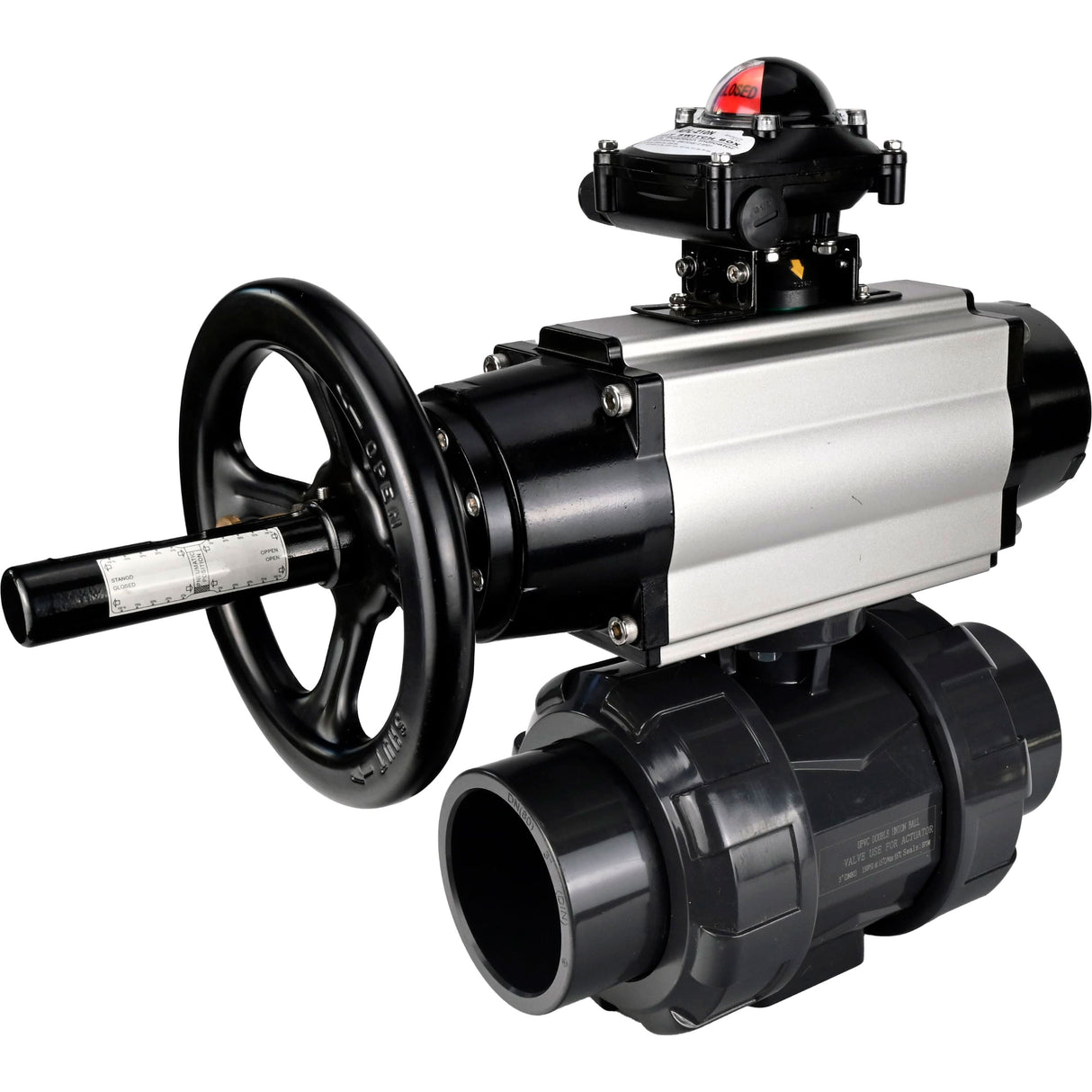 Ball valves Elephant BV4242E-FP-GRM-ISO, body material - UPVC, ball material - UPVC, seal - EPDM, with pneumatic actuator double action PA-DA-105-1, pneumatic distributor 4M310-08 220V and LSU APL-210N