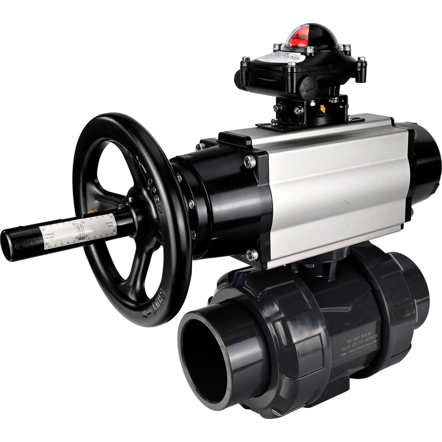 Ball valves Elephant BV4242E-FP-GRM-ISO, body material - UPVC, ball material - UPVC, seal - EPDM, with pneumatic actuator double action PA-DA-105-1, pneumatic distributor 4M310-08 220V and LSU APL-210N
