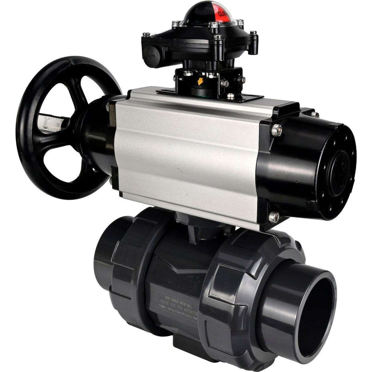 Ball valves Elephant BV4242E-FP-GRM-ISO, body material - UPVC, ball material - UPVC, seal - EPDM, with pneumatic actuator double action PA-DA-105-1, pneumatic distributor 4M310-08 220V and LSU APL-210N