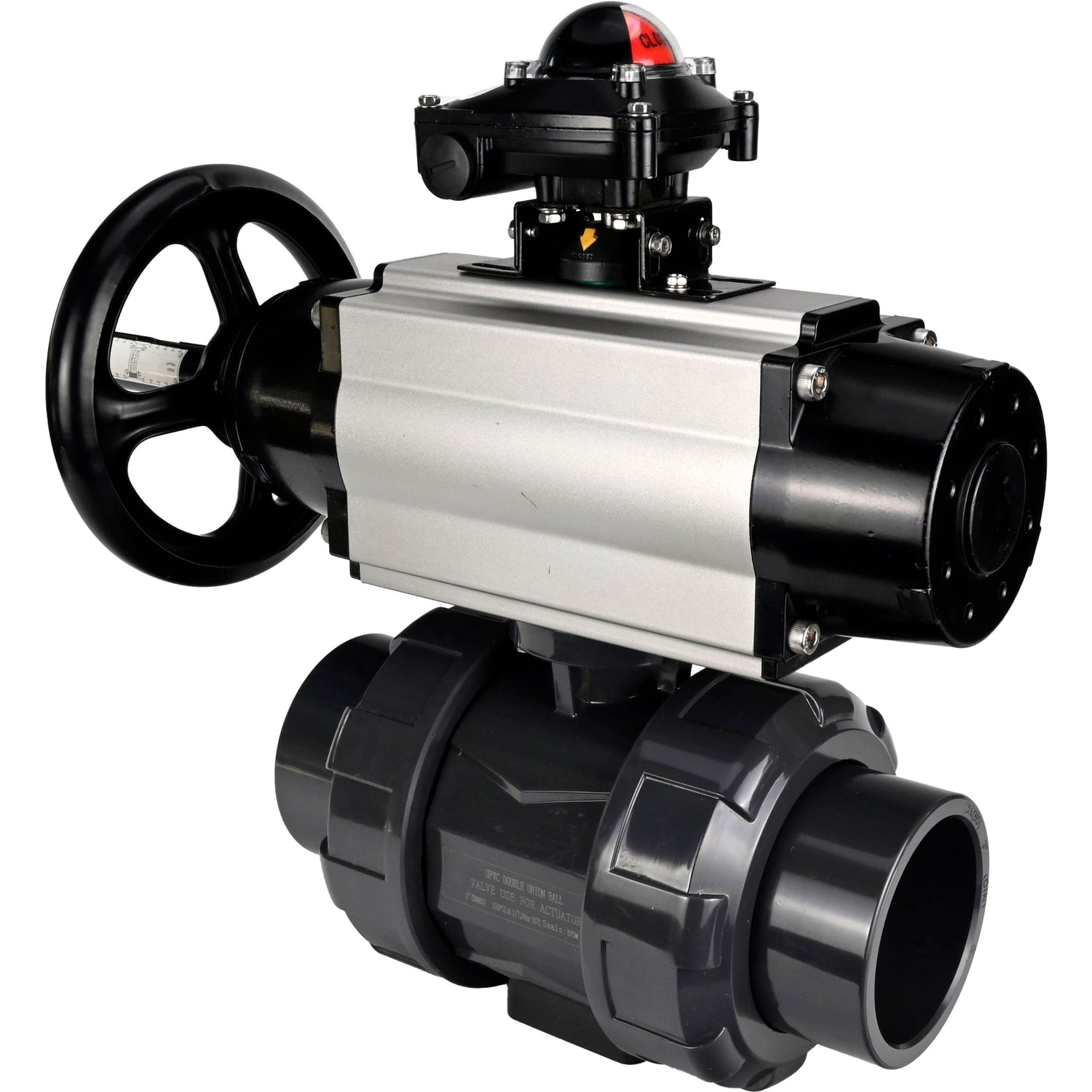 Ball valves Elephant BV4242E-FP-GRM-ISO, body material - UPVC, ball material - UPVC, seal - EPDM, with pneumatic actuator double action PA-DA-105-1, pneumatic distributor 4M310-08 220V and LSU APL-210N