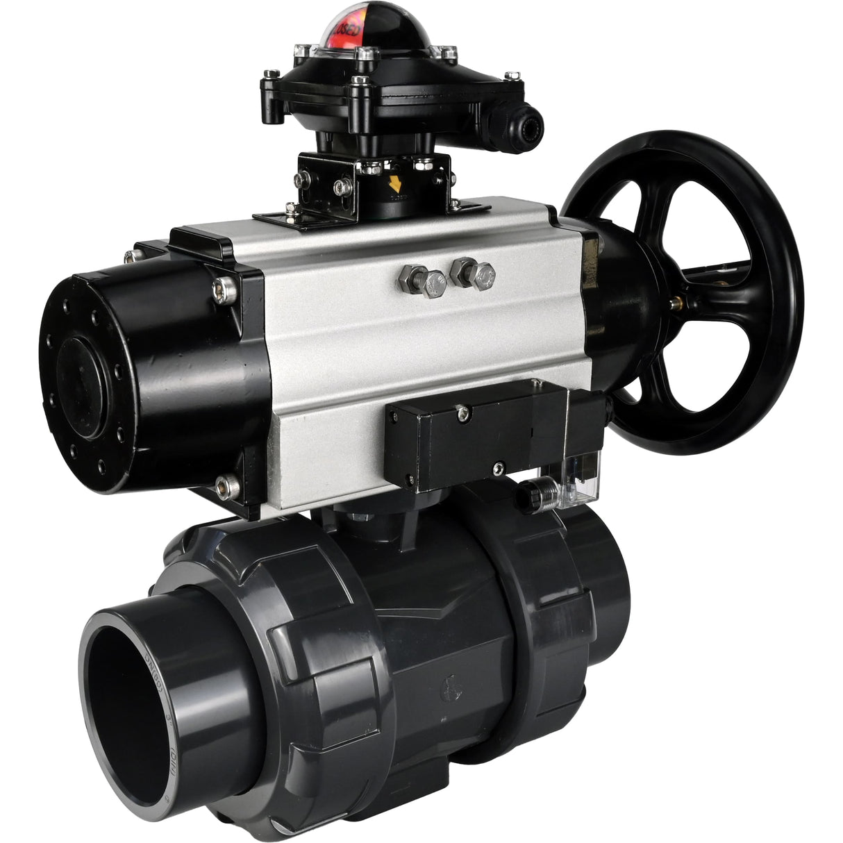 Ball valves Elephant BV4242E-FP-GRM-ISO, body material - UPVC, ball material - UPVC, seal - EPDM, with pneumatic actuator double action PA-DA-105-1, pneumatic distributor 4M310-08 220V and LSU APL-210N