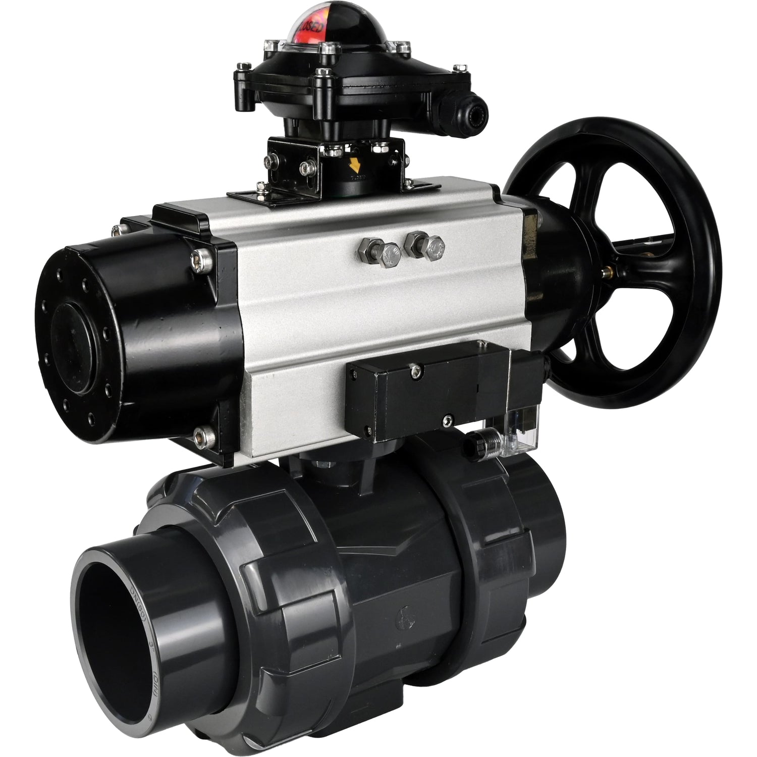 Ball valves Elephant BV4242E-FP-GRM-ISO, body material - UPVC, ball material - UPVC, seal - EPDM, with pneumatic actuator double action PA-DA-105-1, pneumatic distributor 4M310-08 220V and LSU APL-210N